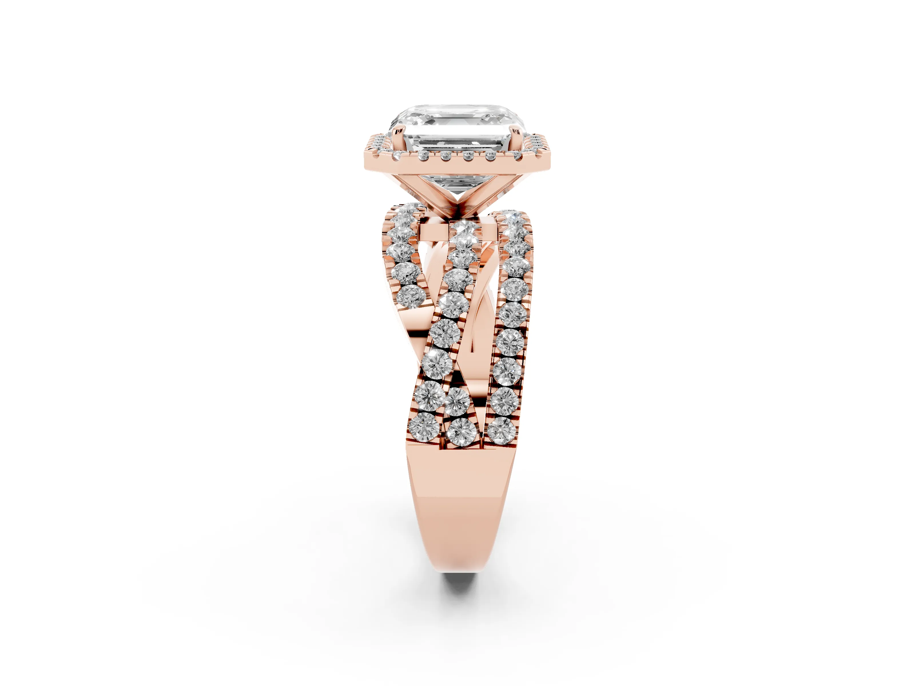 Asscher Cut Diamond Halo Ring Set in Rose gold with Round Crossover Split Shank and Prong Setting