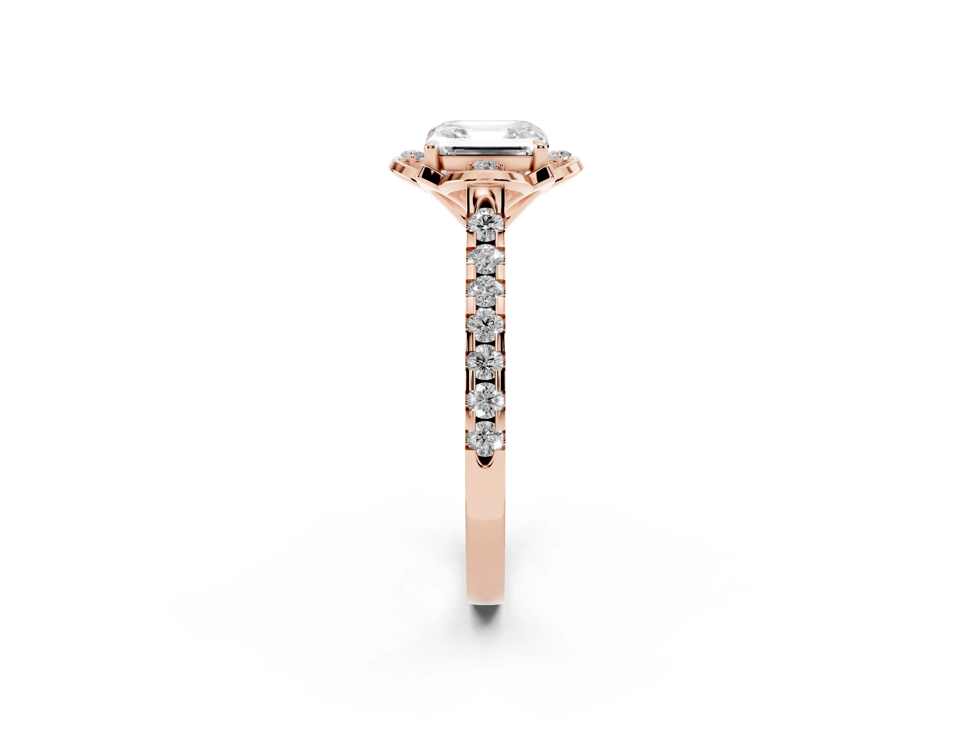 Asscher Cut Diamond Solitaire Ring Set in Rose gold with Pavé Band and Floral Prong Setting