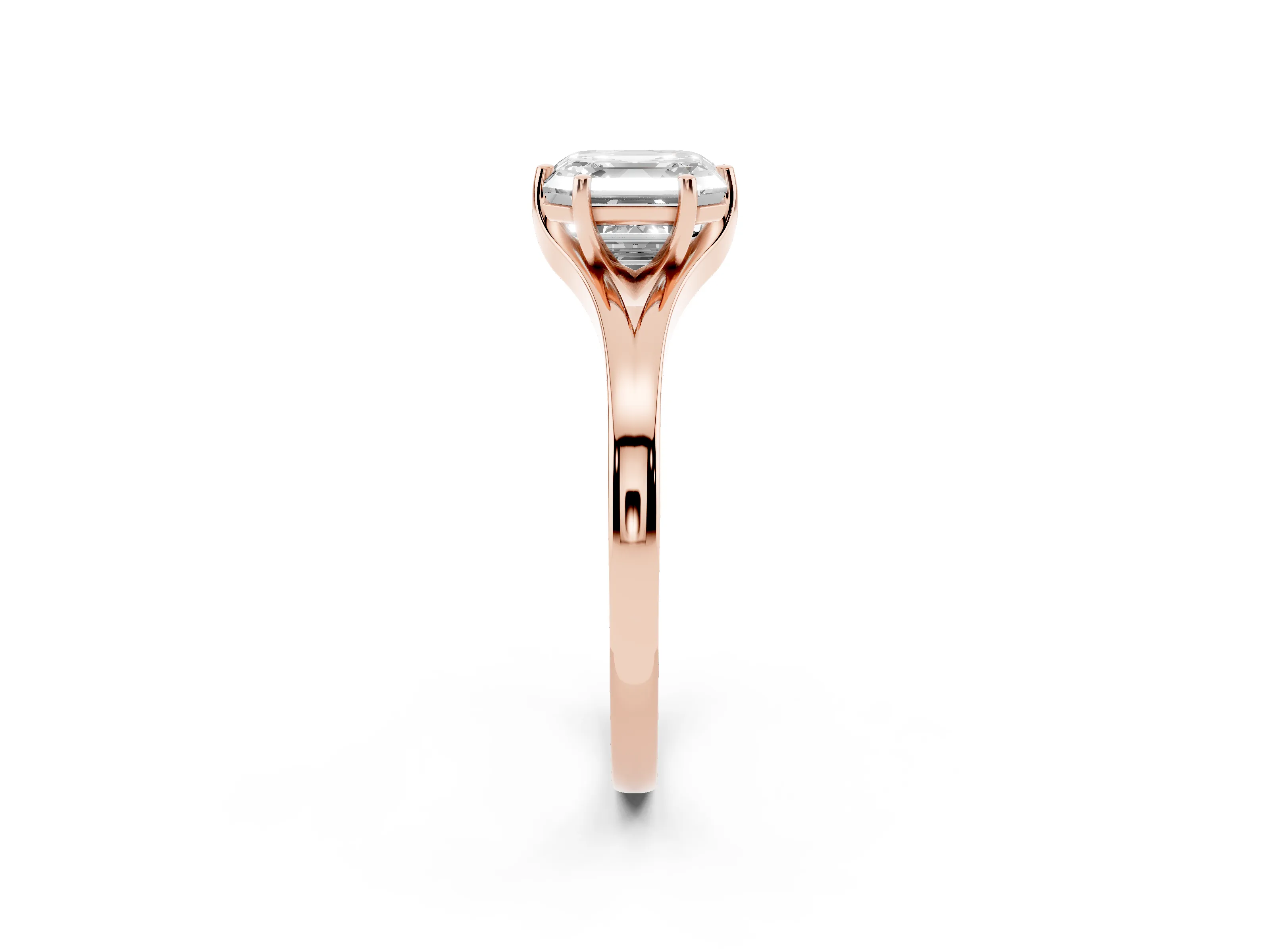 Asscher Cut Diamond Solitaire Ring Set in Rose gold with Polished Tapered Band and Prong Setting
