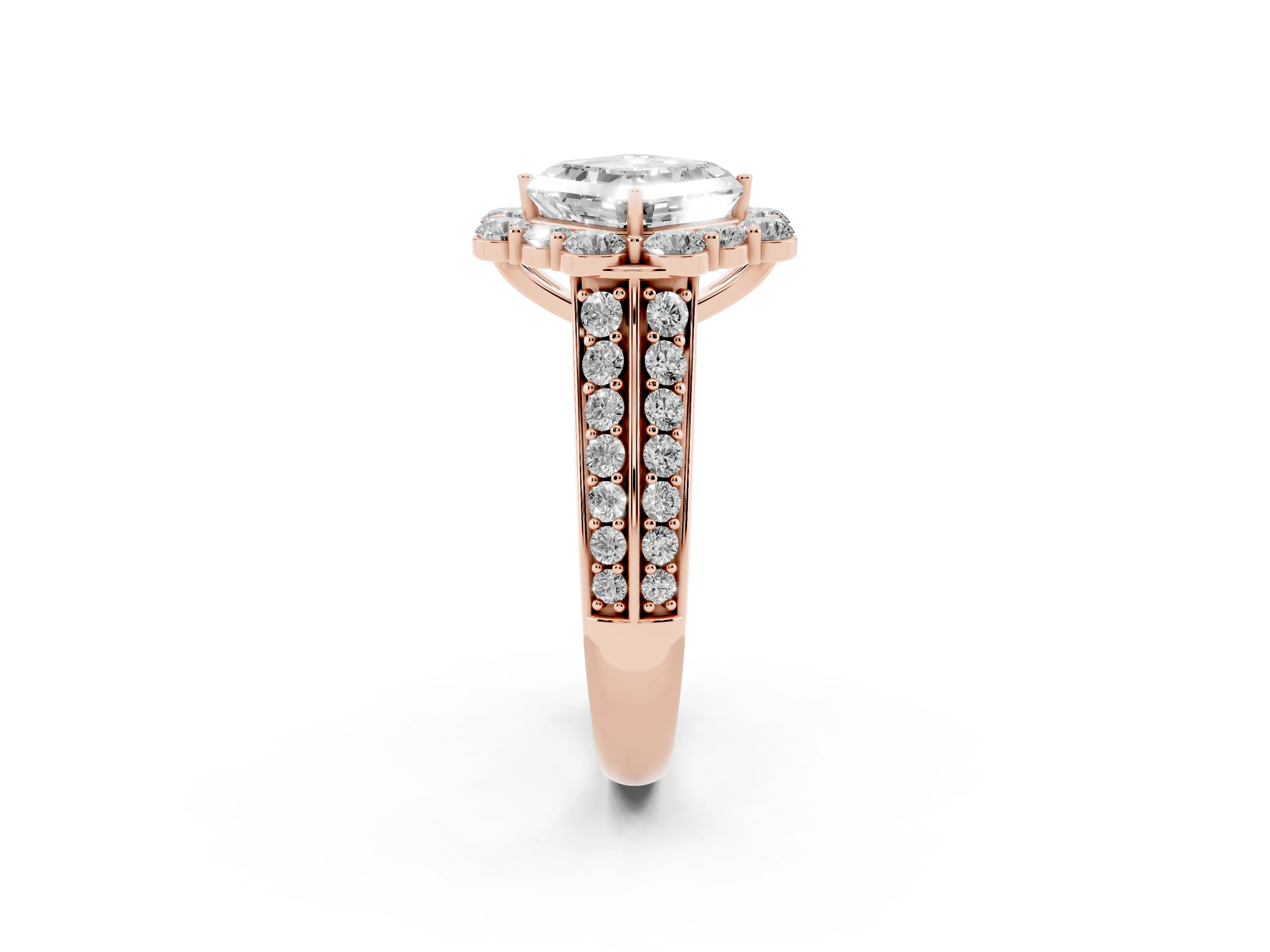Asscher Cut Diamond Halo Engagement Ring Set in Rose gold with Split Shank and Prong Setting
