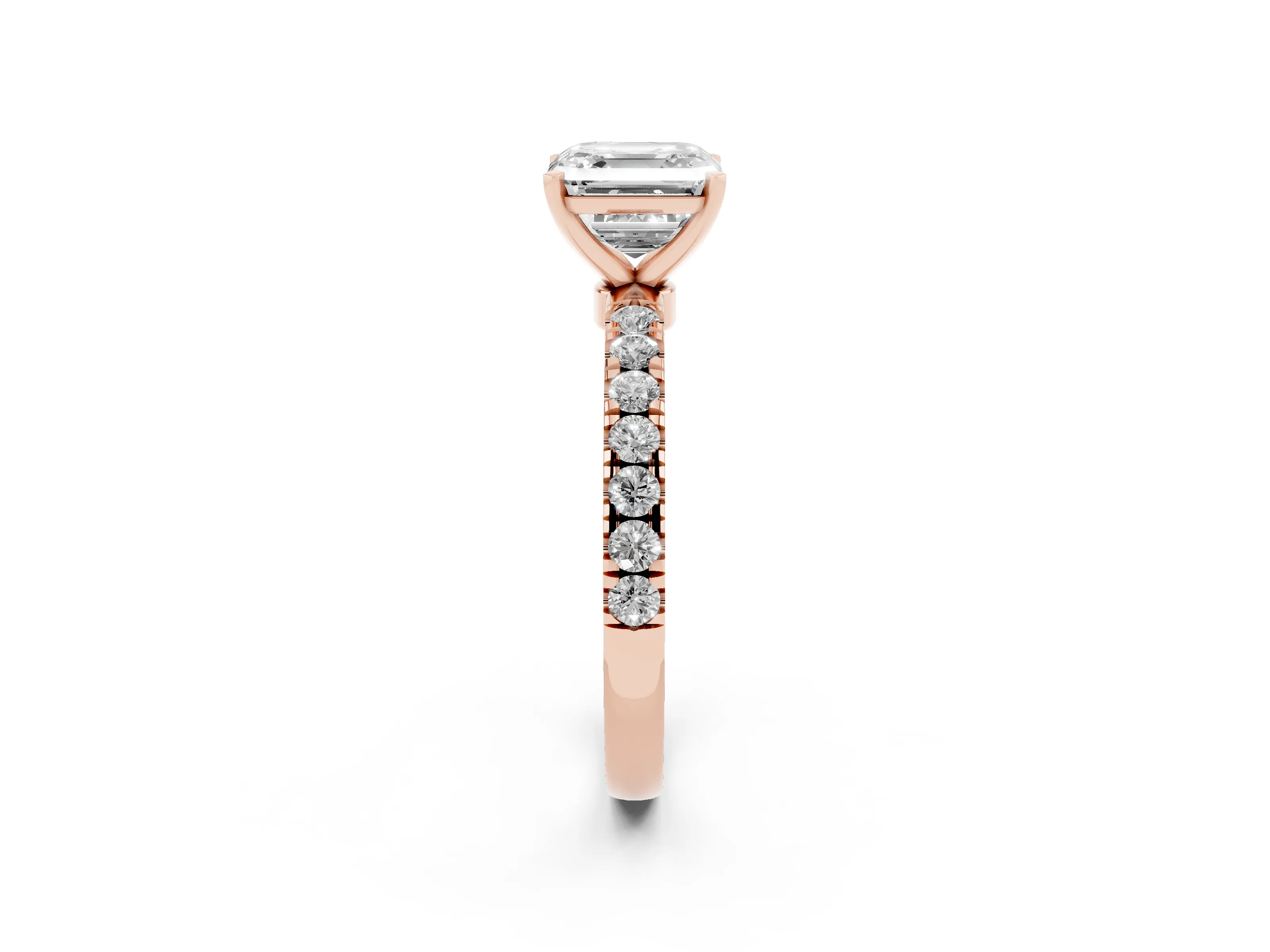 Asscher Cut Diamond Solitaire Ring Set in Rose gold with Pavé Accents and Prong Setting
