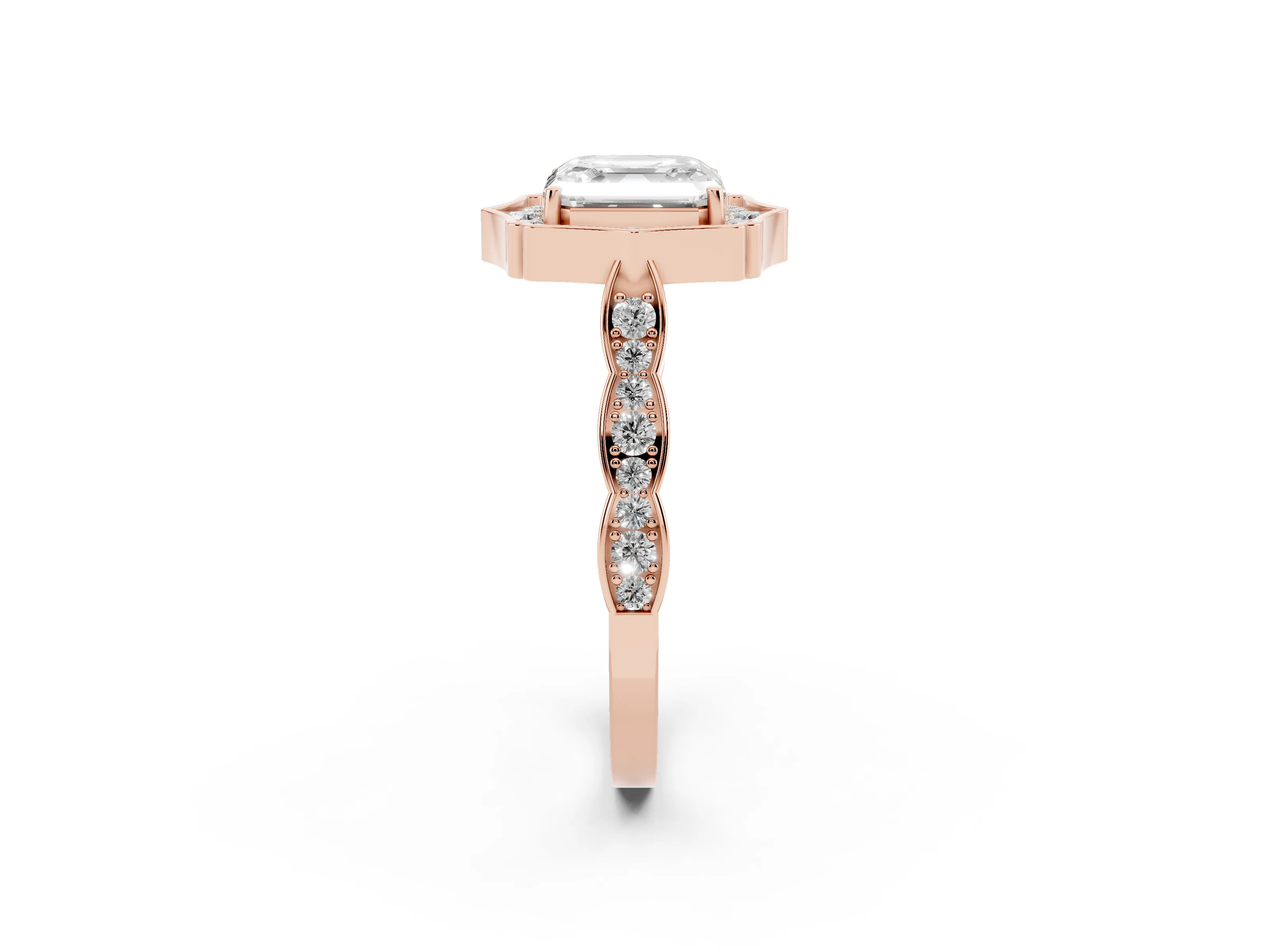 Asscher Cut Diamond Halo Engagement Ring Set in Rose gold with Milgrain Band and Prong Setting