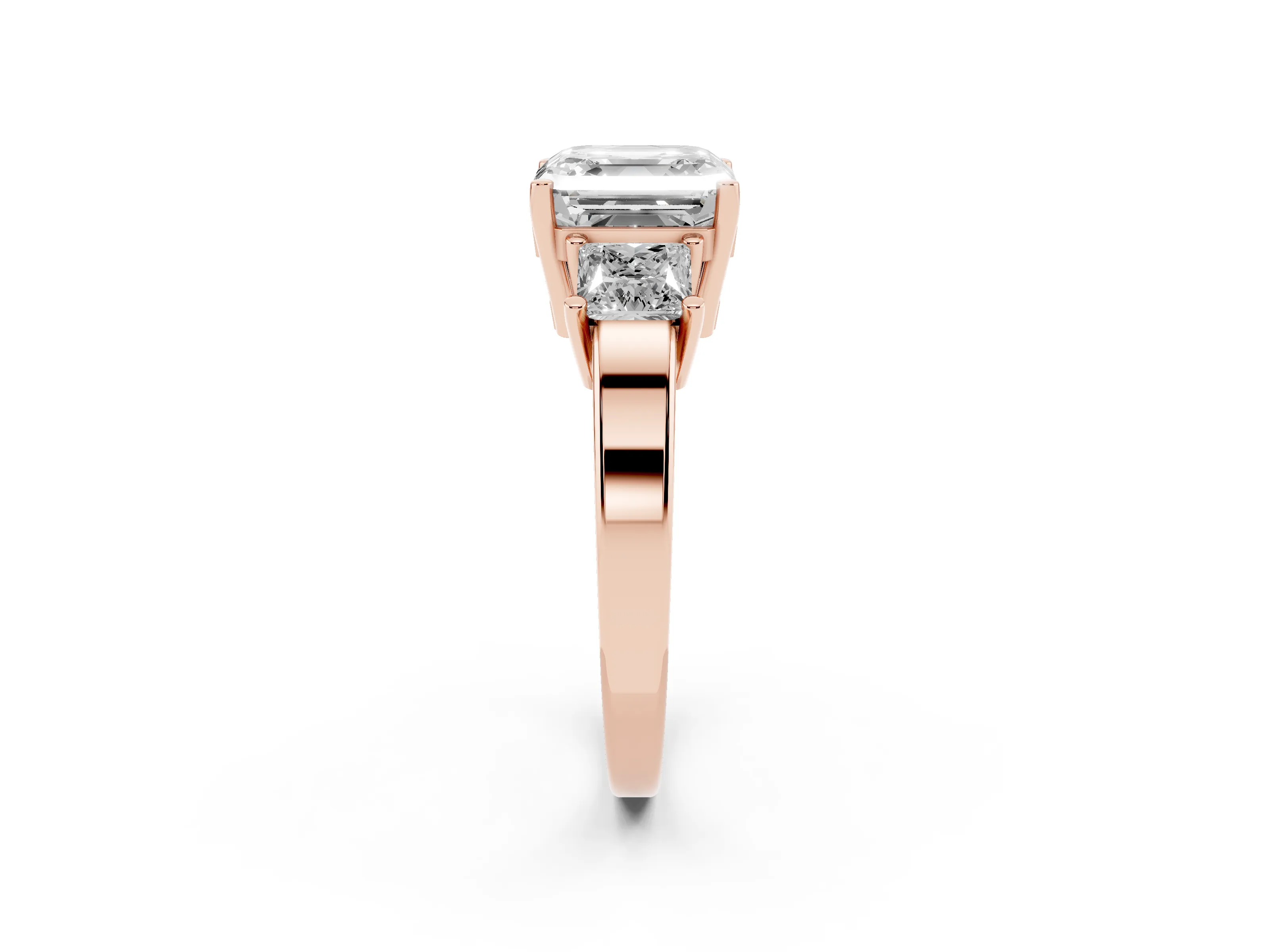 Three-Stone Asscher Cut Diamond Solitaire Ring Set in Rose gold with Prong Setting