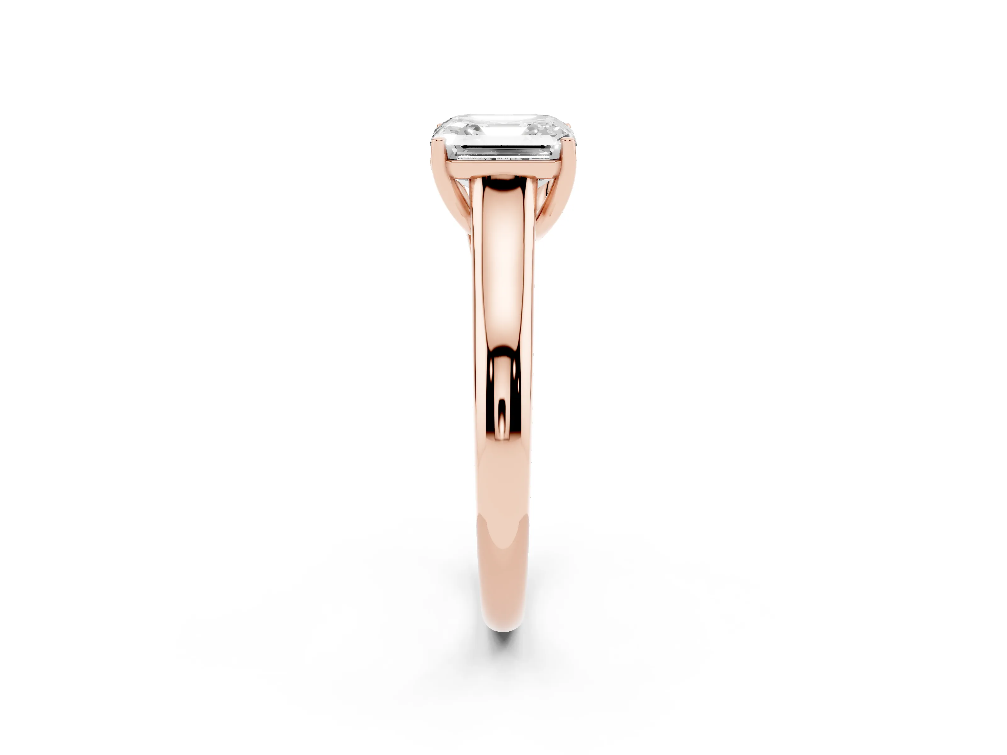 Asscher Cut Diamond Solitaire Engagement Ring Set in Rose gold with Subtly Tapered Band and Prong Setting