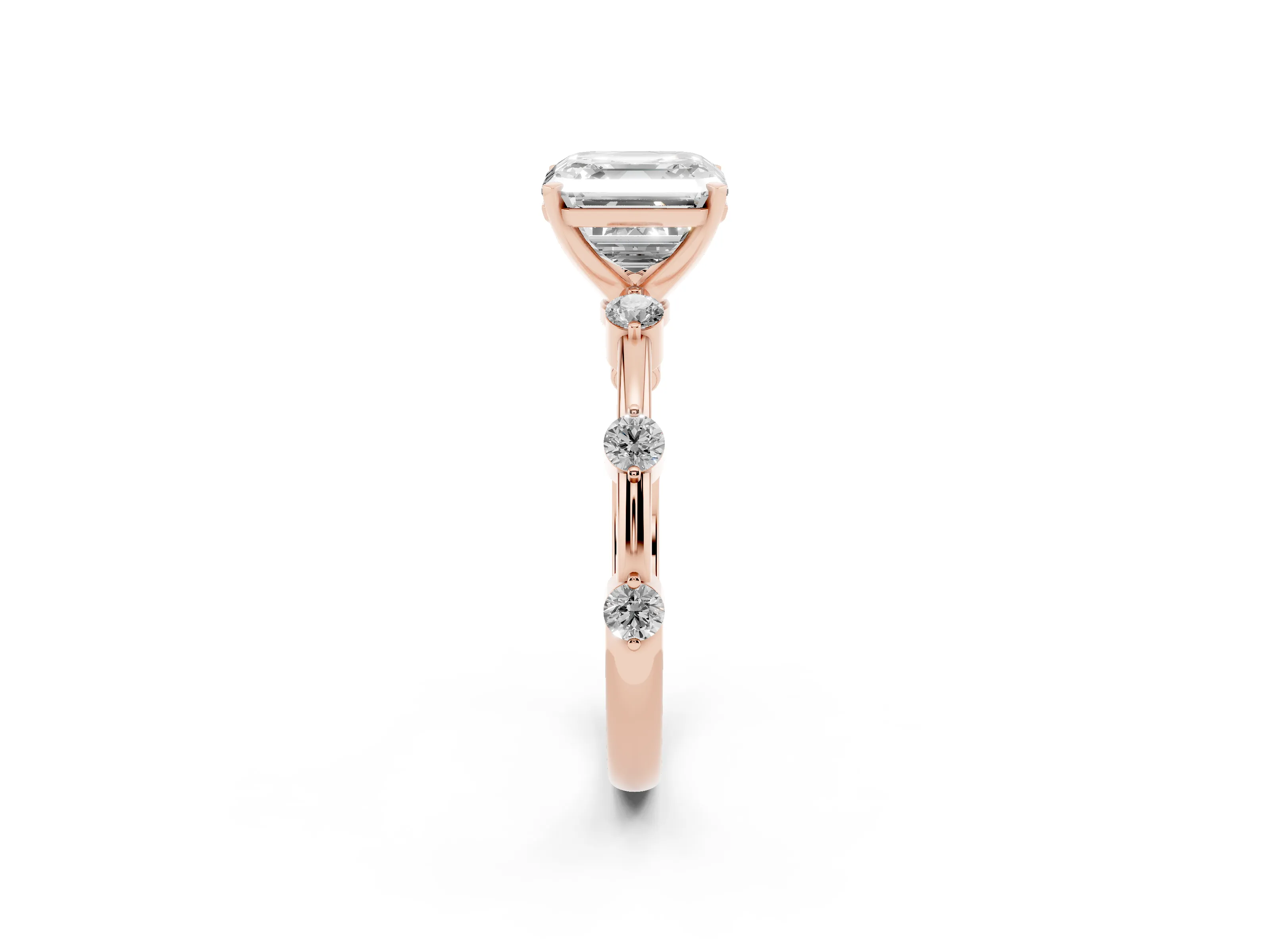 Asscher Cut Diamond Solitaire Ring Set in Rose gold with Bezel Set Side Stones and Prong Setting