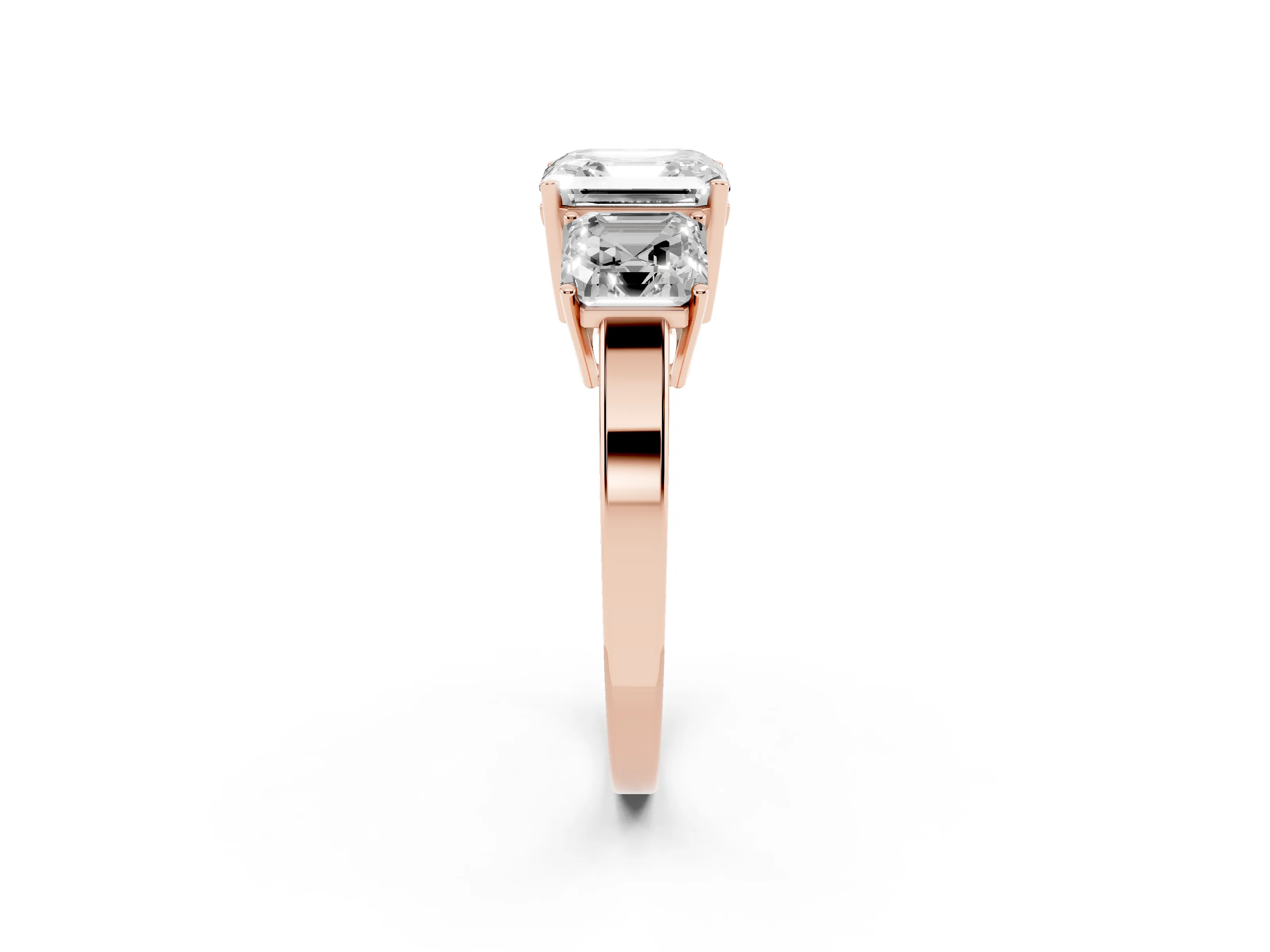 Asscher Cut Diamond Three-Stone Engagement Ring Set in Rose gold with Flat Band