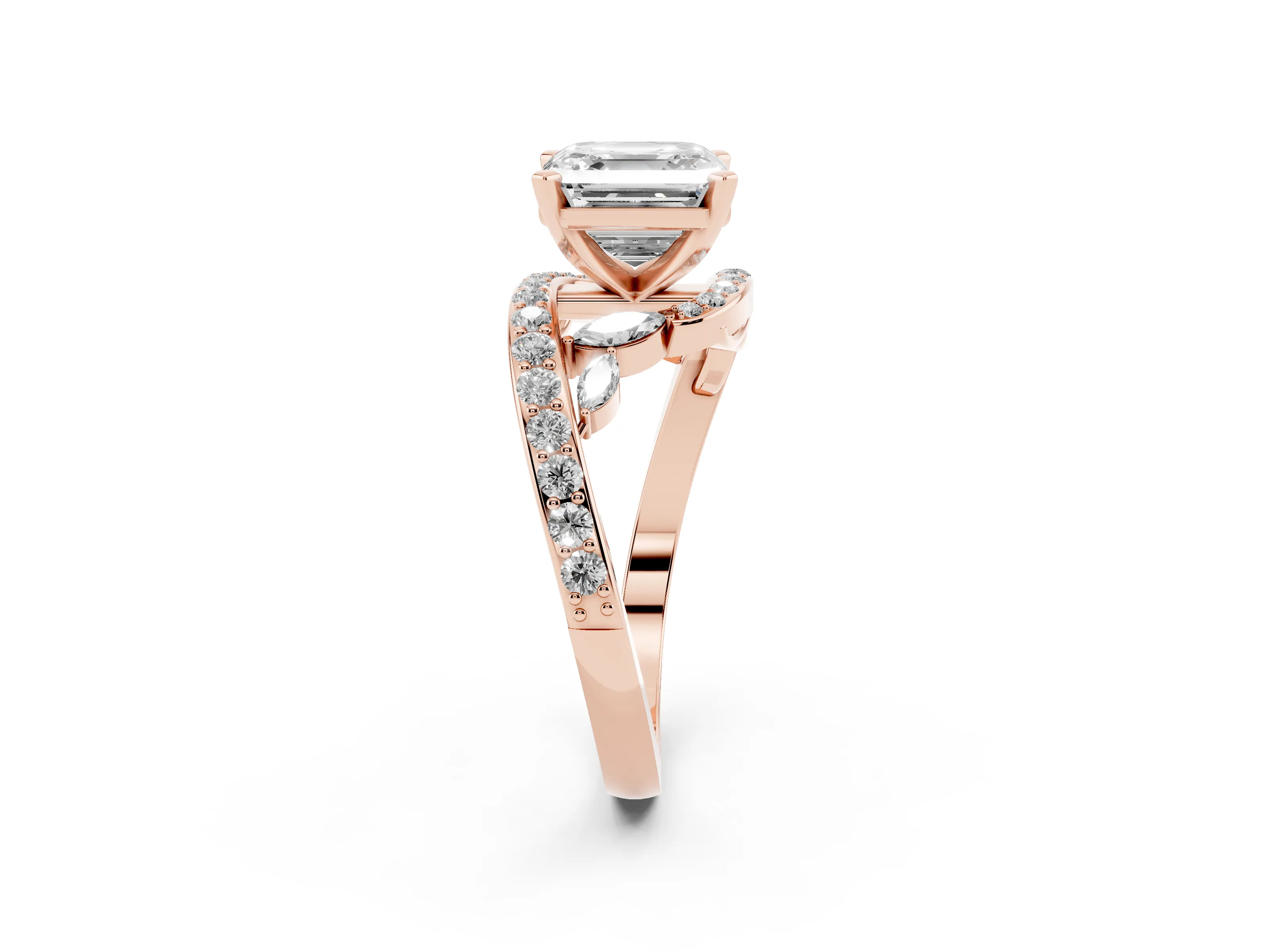 Asscher Cut Diamond Solitaire Ring Set in Rose gold with Pavé Twist Band and Secure Prong Setting