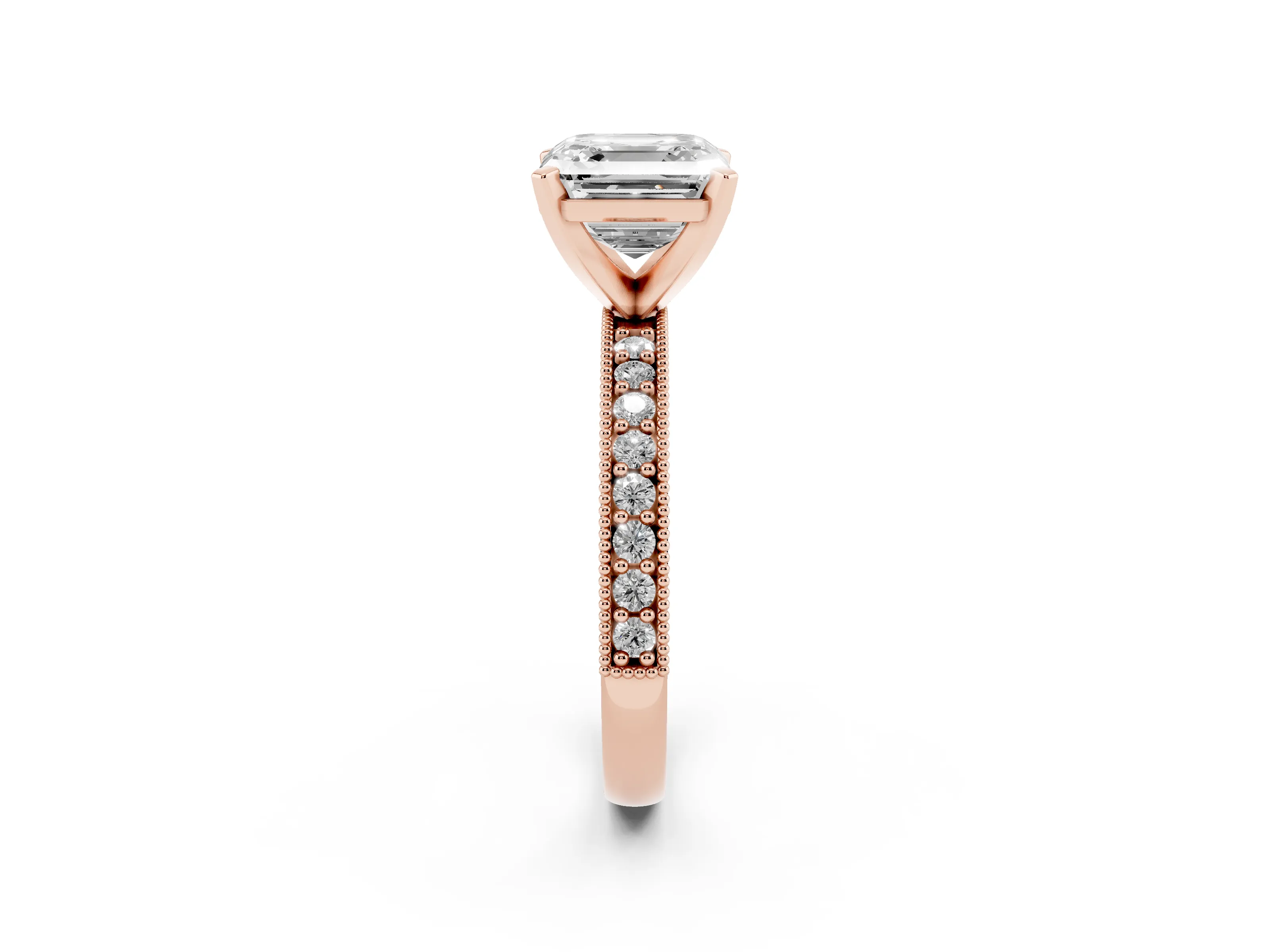 Asscher Cut Diamond Milgrain Pavé Engagement Ring Set in Rose gold with Prong Setting