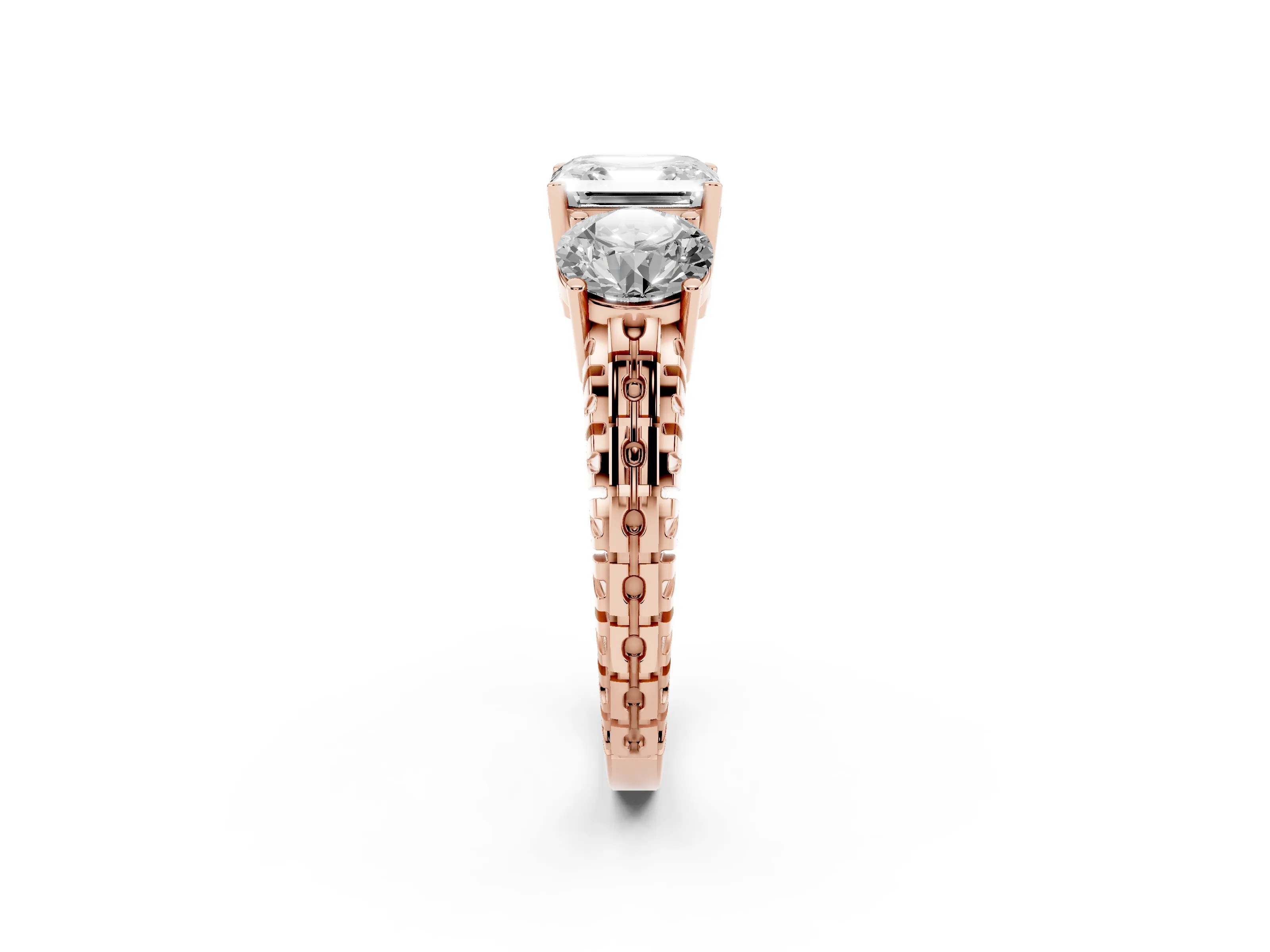 Asscher Cut Diamond Three-Stone Ring Set in Rose gold with Channel-Set Accent Band