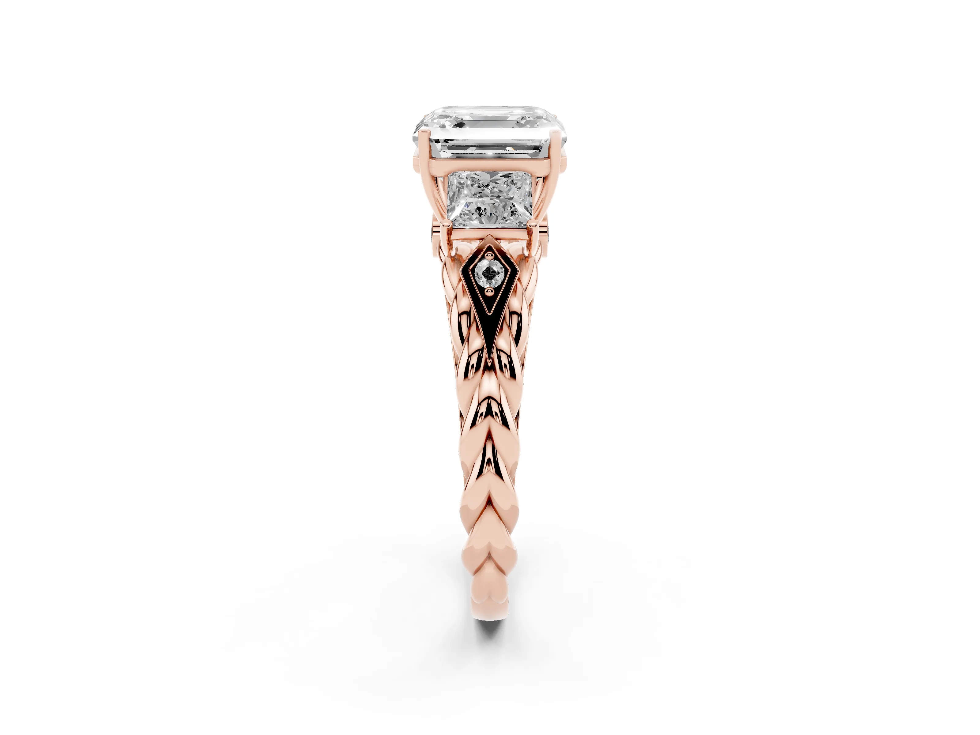 Asscher Cut Diamond Three-Stone Ring Set in Rose gold with Braided Band