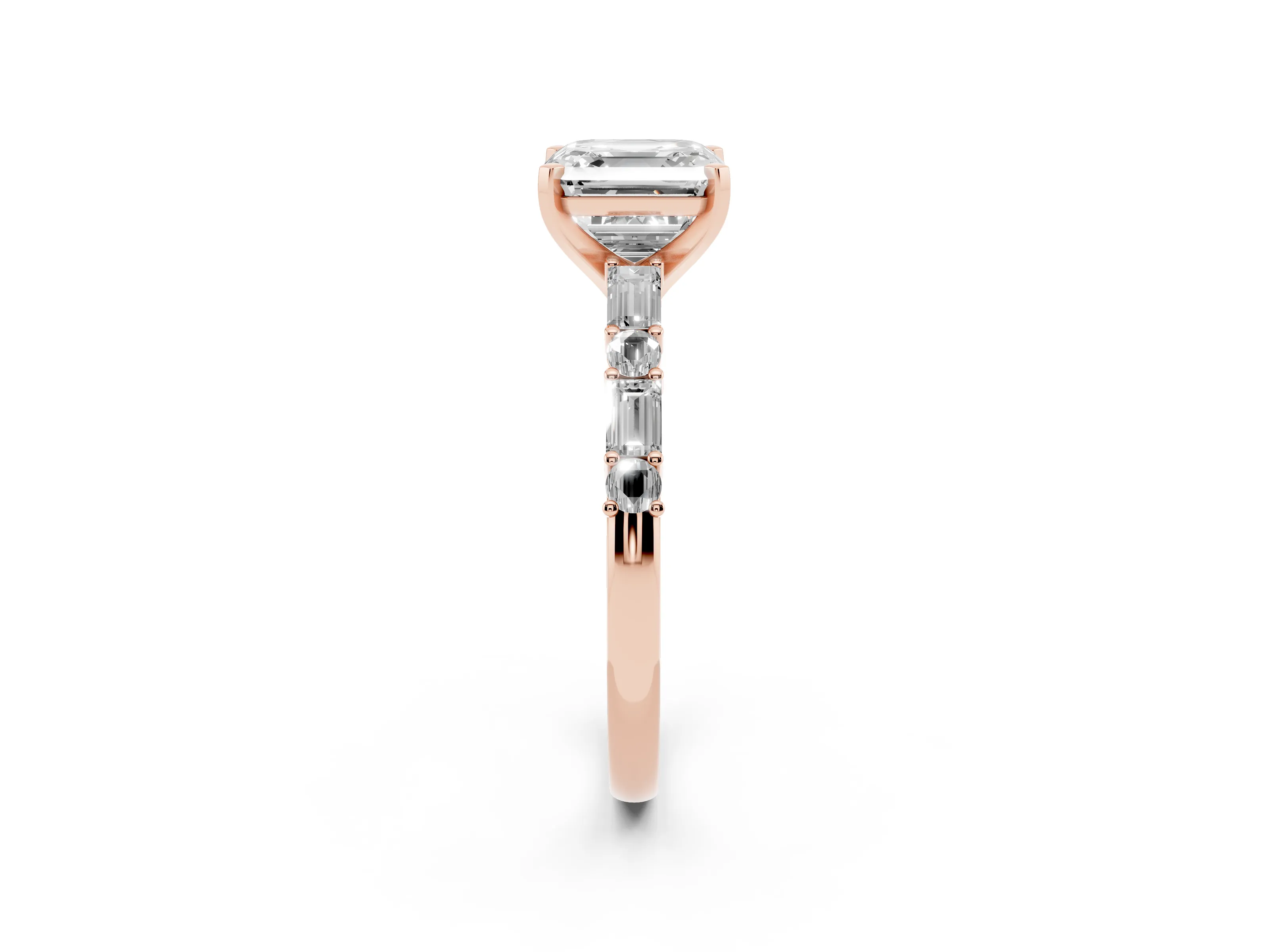 Asscher Cut Diamond Solitaire Set in Rose gold with Side Baguettes and Channel Set Band