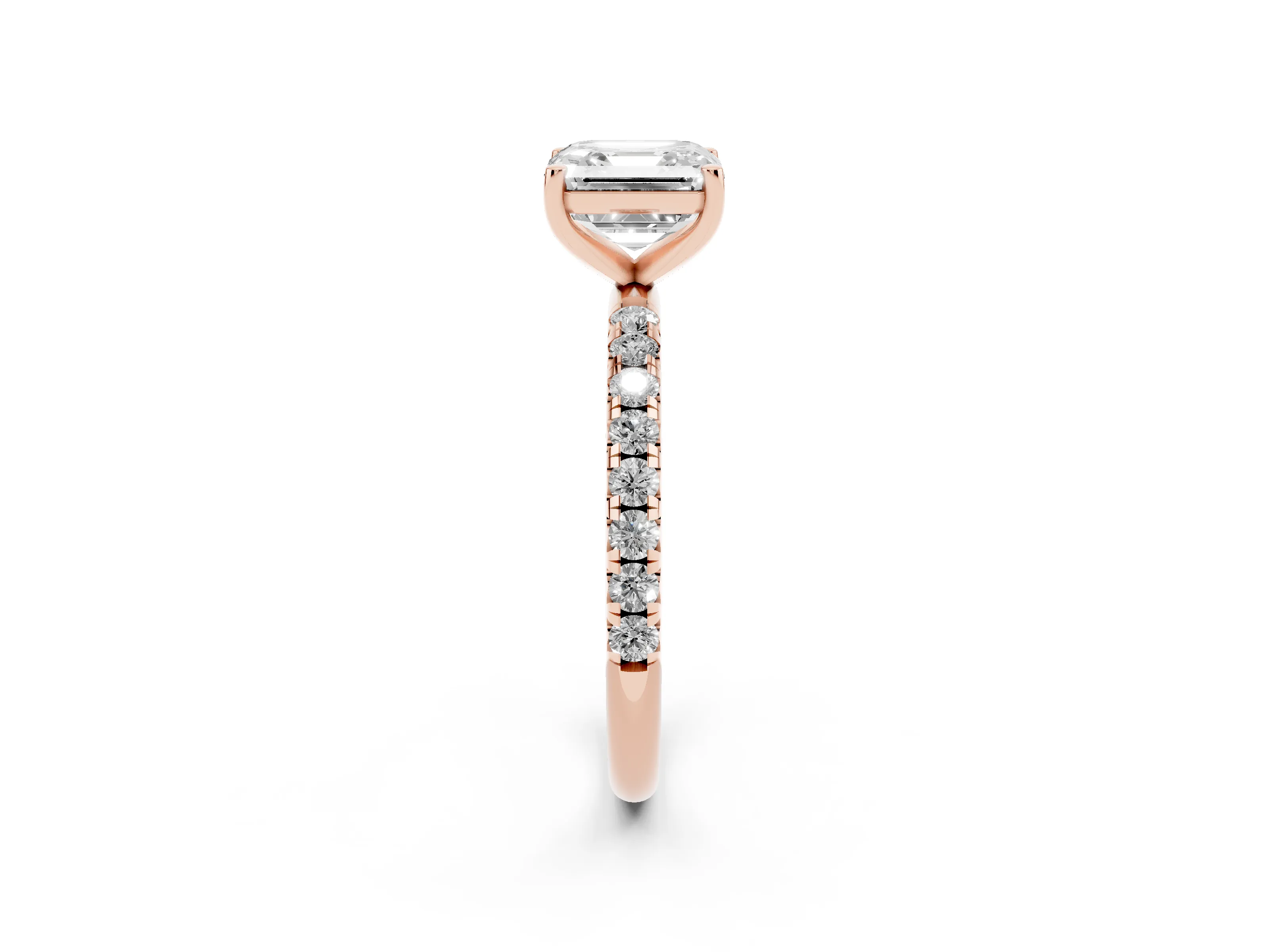 Asscher Cut Diamond Solitaire Ring Set in Rose gold with Micro Pavé Band and Prong Setting
