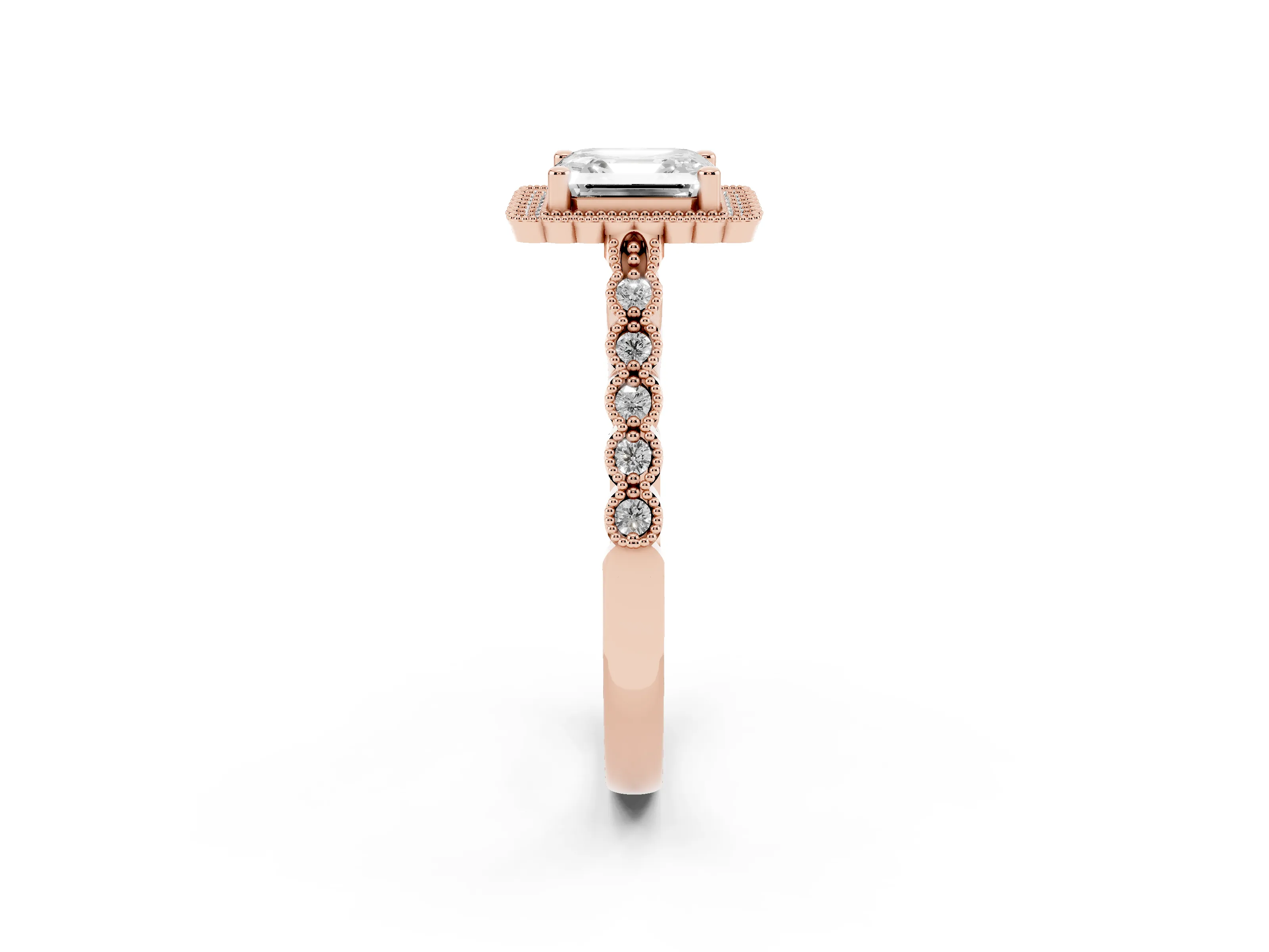 Asscher Cut Diamond Halo Ring Set in Rose gold with Pavé Milgrain Band