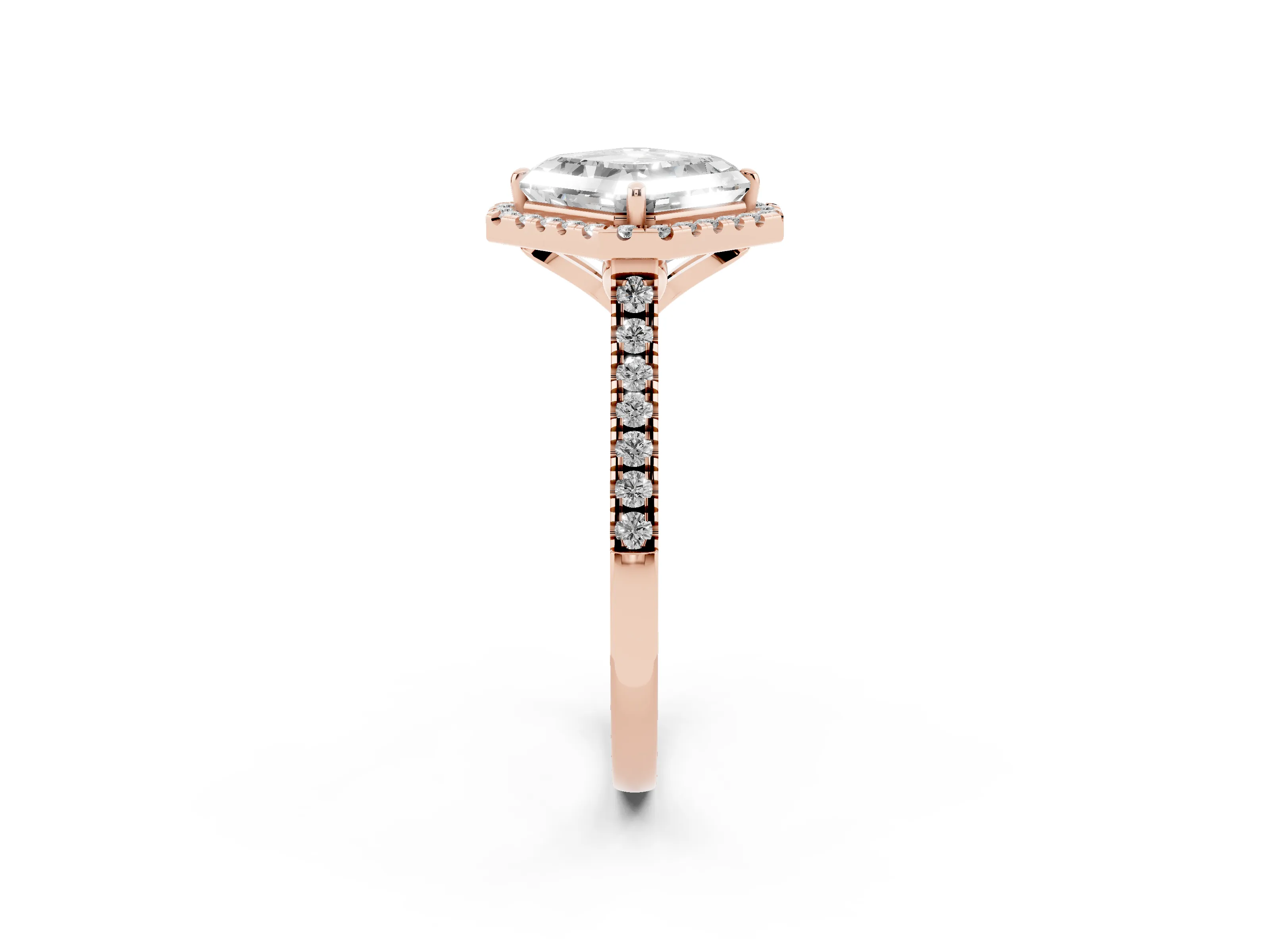 Asscher Cut Diamond Cushion Halo Ring Set in Rose gold with Pavé Band