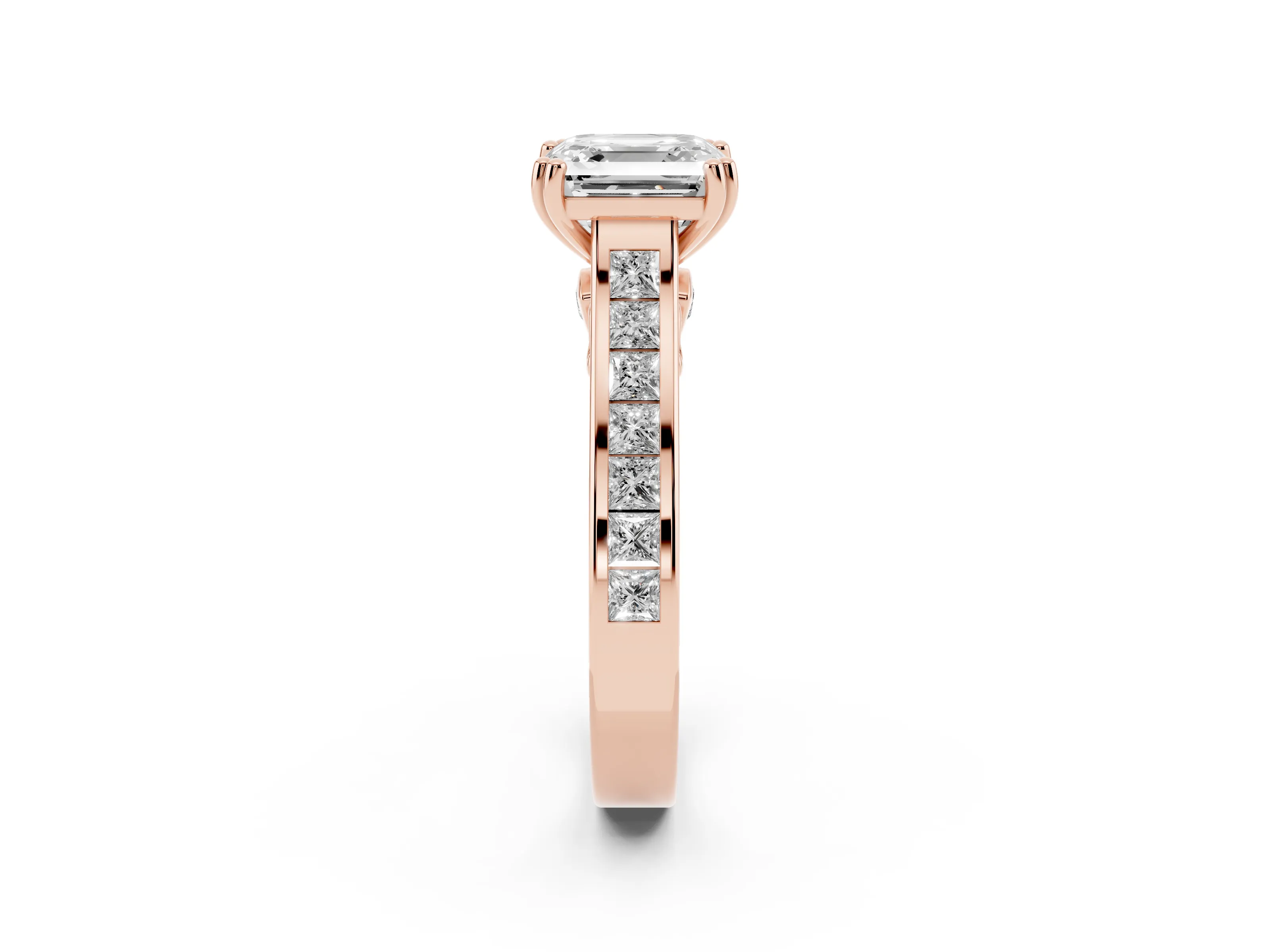 Asscher Cut Diamond Channel Set Solitaire Engagement Ring Set in Rose gold with Prong Setting