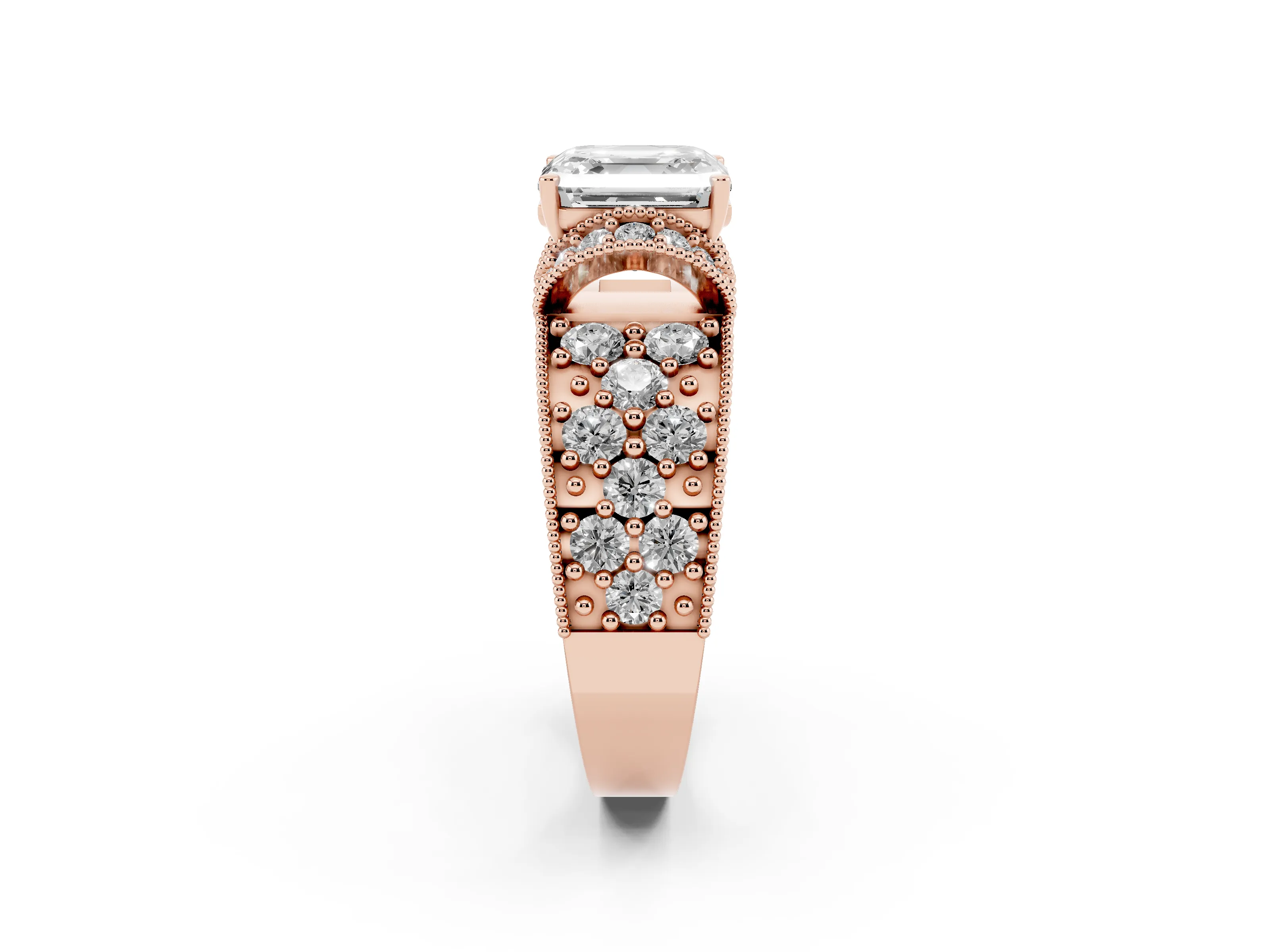 Asscher Cut Diamond Milgrain Halo Pavé Engagement Ring Set in Rose gold with Prong Setting