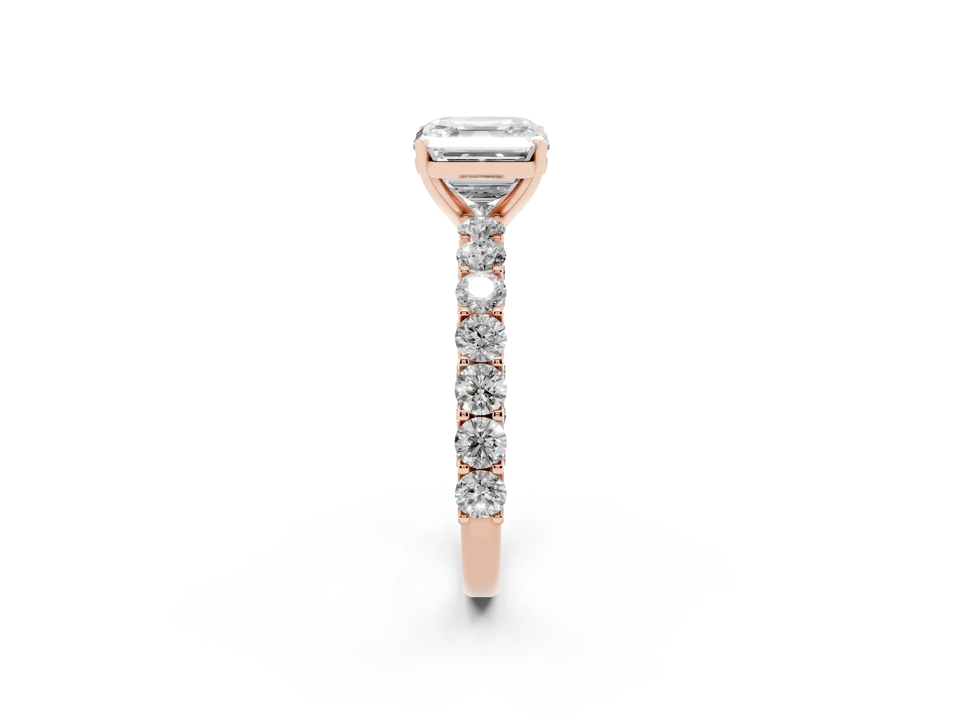 Asscher Cut Diamond Solitaire Ring Set in Rose gold with Shared Prong Pavé Band
