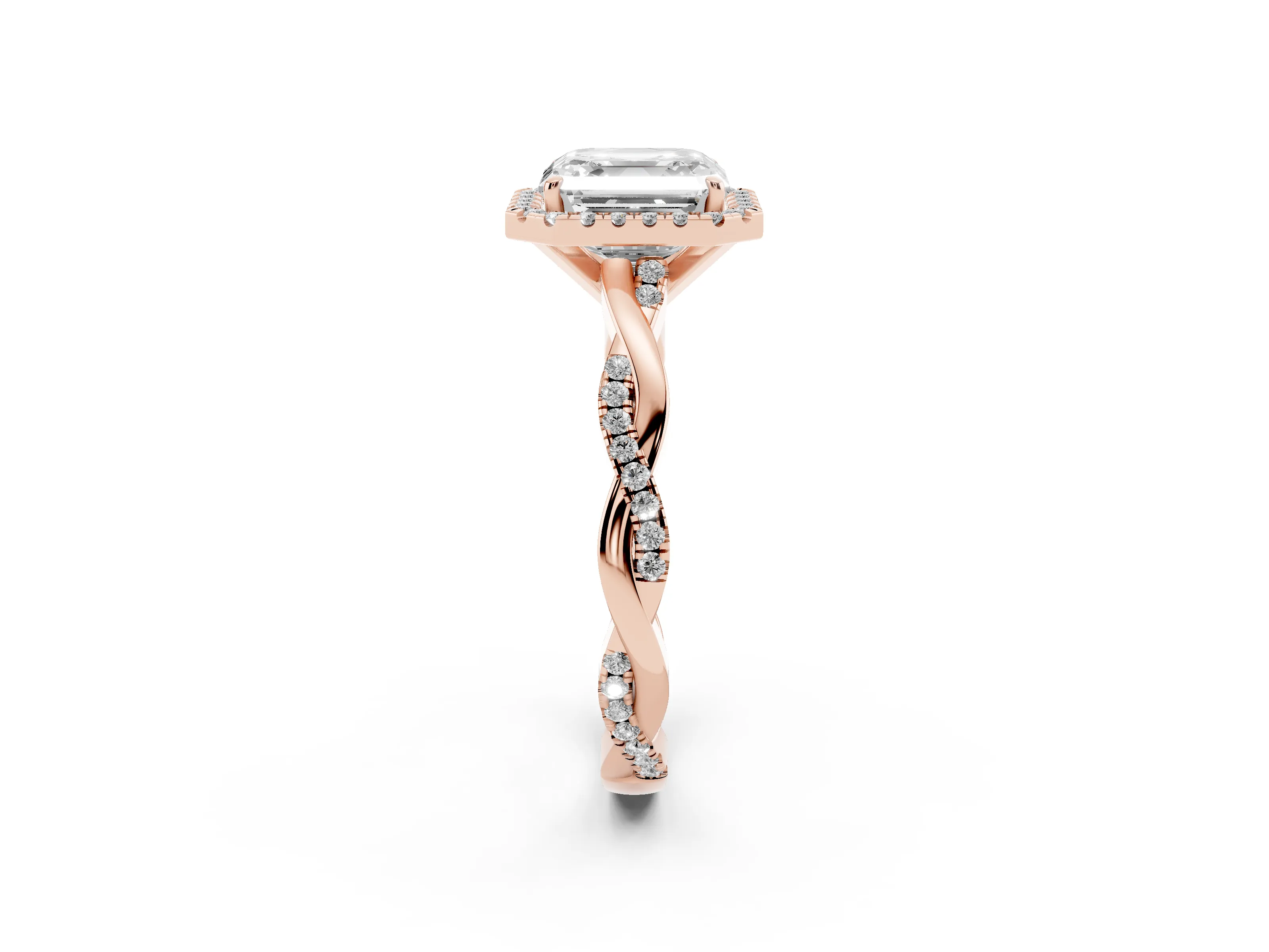 Asscher Cut Diamond Halo Twisted Band Ring Set in Rose gold with Prong Setting