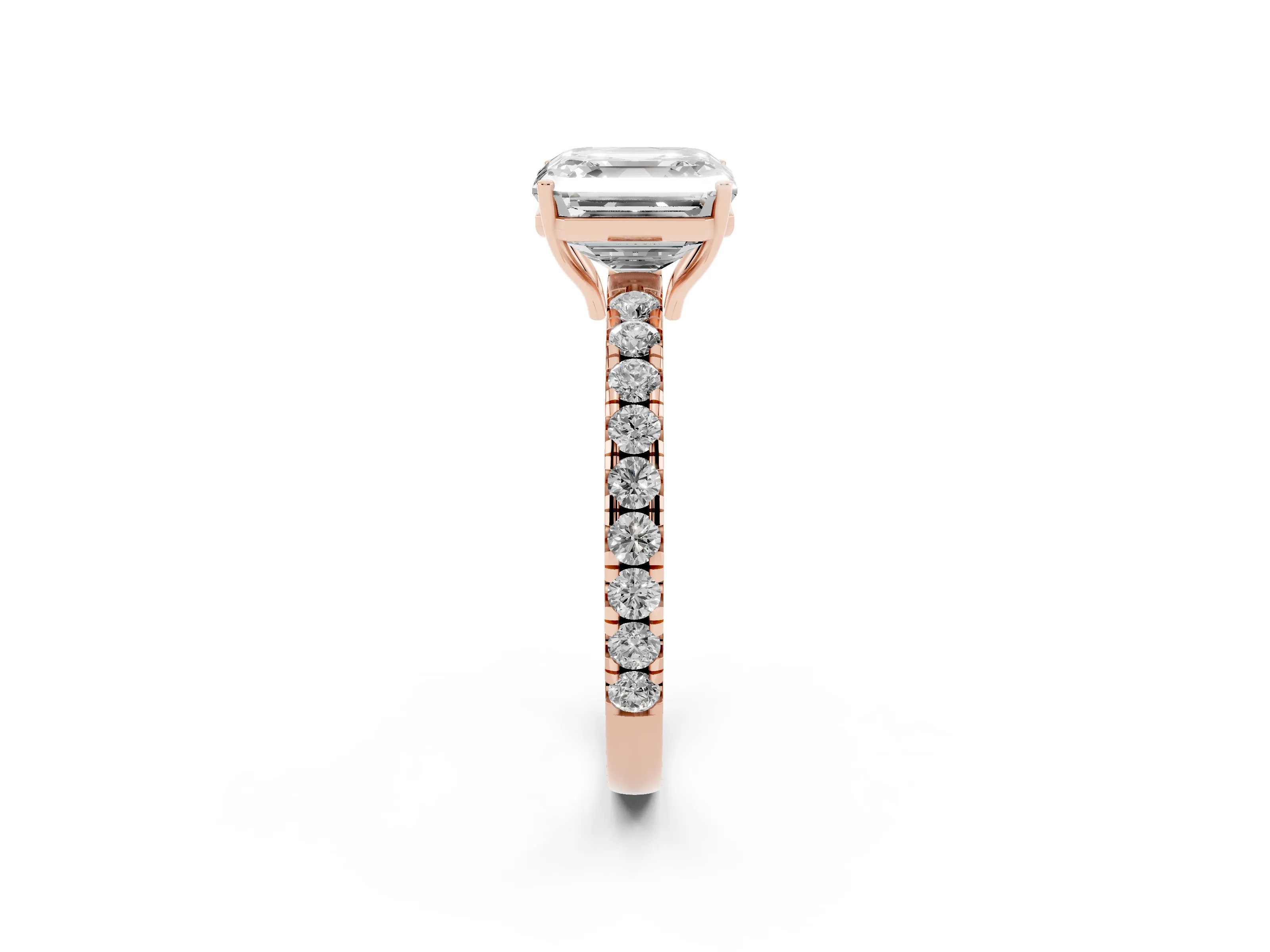 Asscher Cut Diamond Pavé Solitaire Engagement Ring Set in Rose gold with Prong Setting