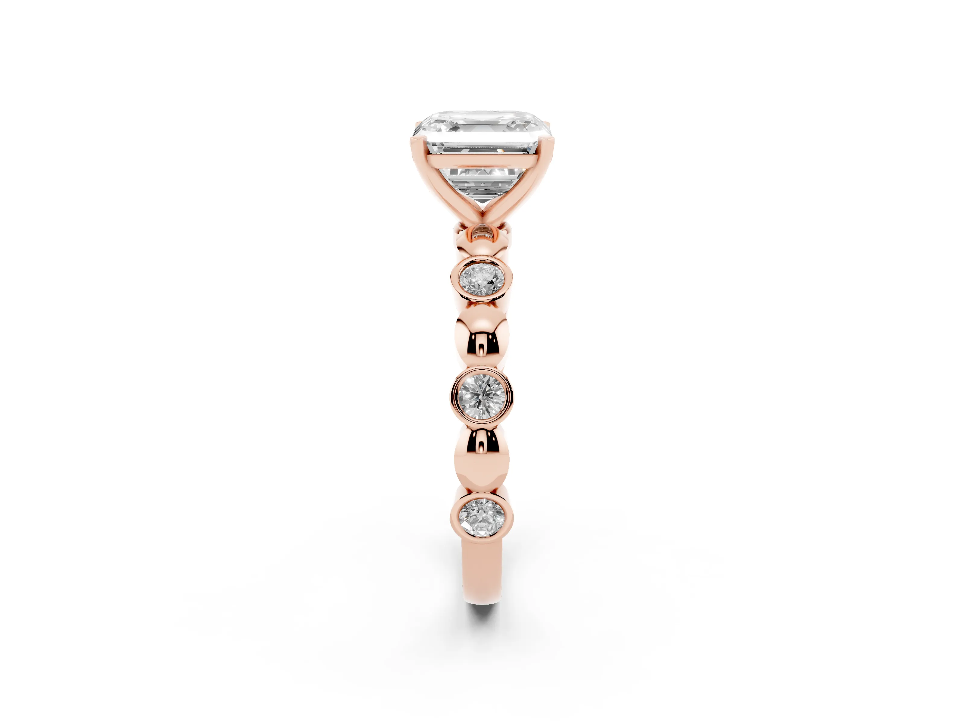 Asscher Cut Diamond Solitaire Ring Set in Rose gold with Bezel-Set Accents on Beaded Band and Prong Setting