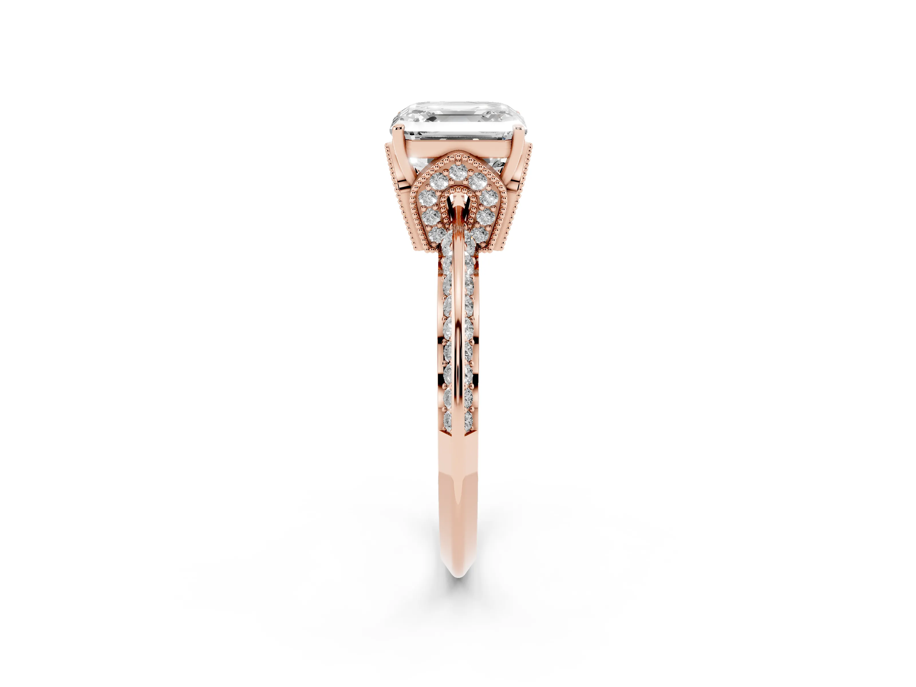 Asscher Cut Diamond Solitaire Engagement Ring Set in Rose gold with Pavé Split Shank and Prong Setting