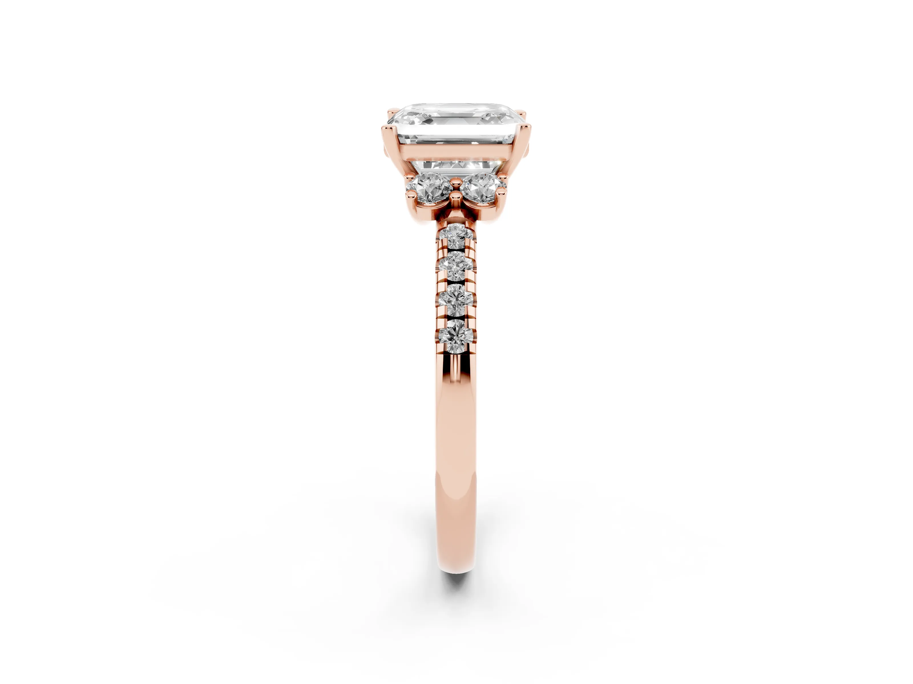 Asscher Cut Diamond Three-Stone Pavé Ring Set in Rose gold with Prong Setting