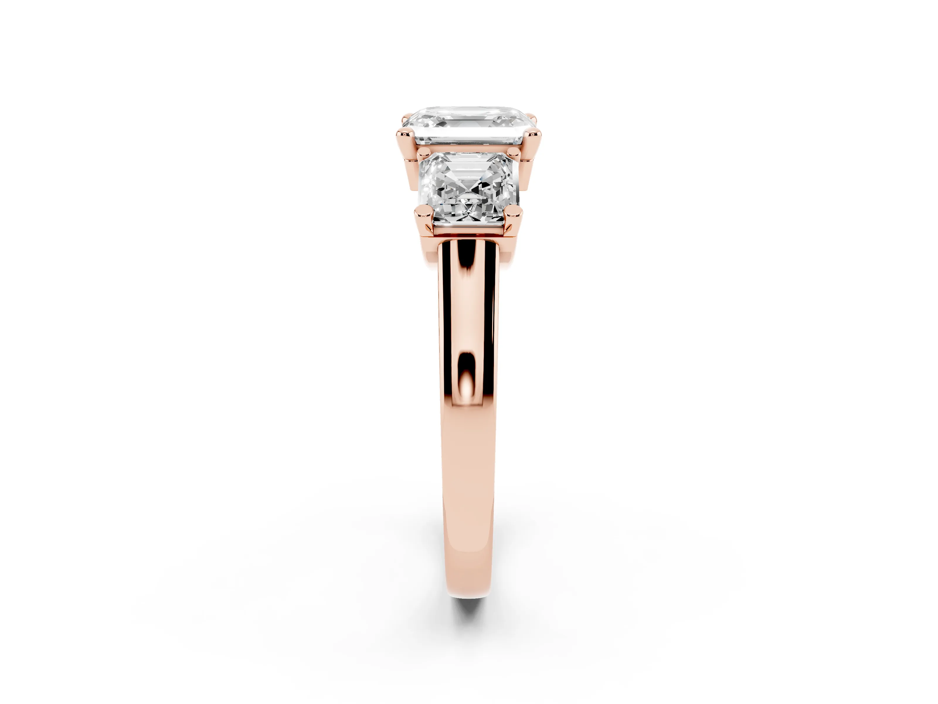 Asscher Cut Diamond Three-Stone Trellis Ring Set in Rose gold with Comfort Fit Band