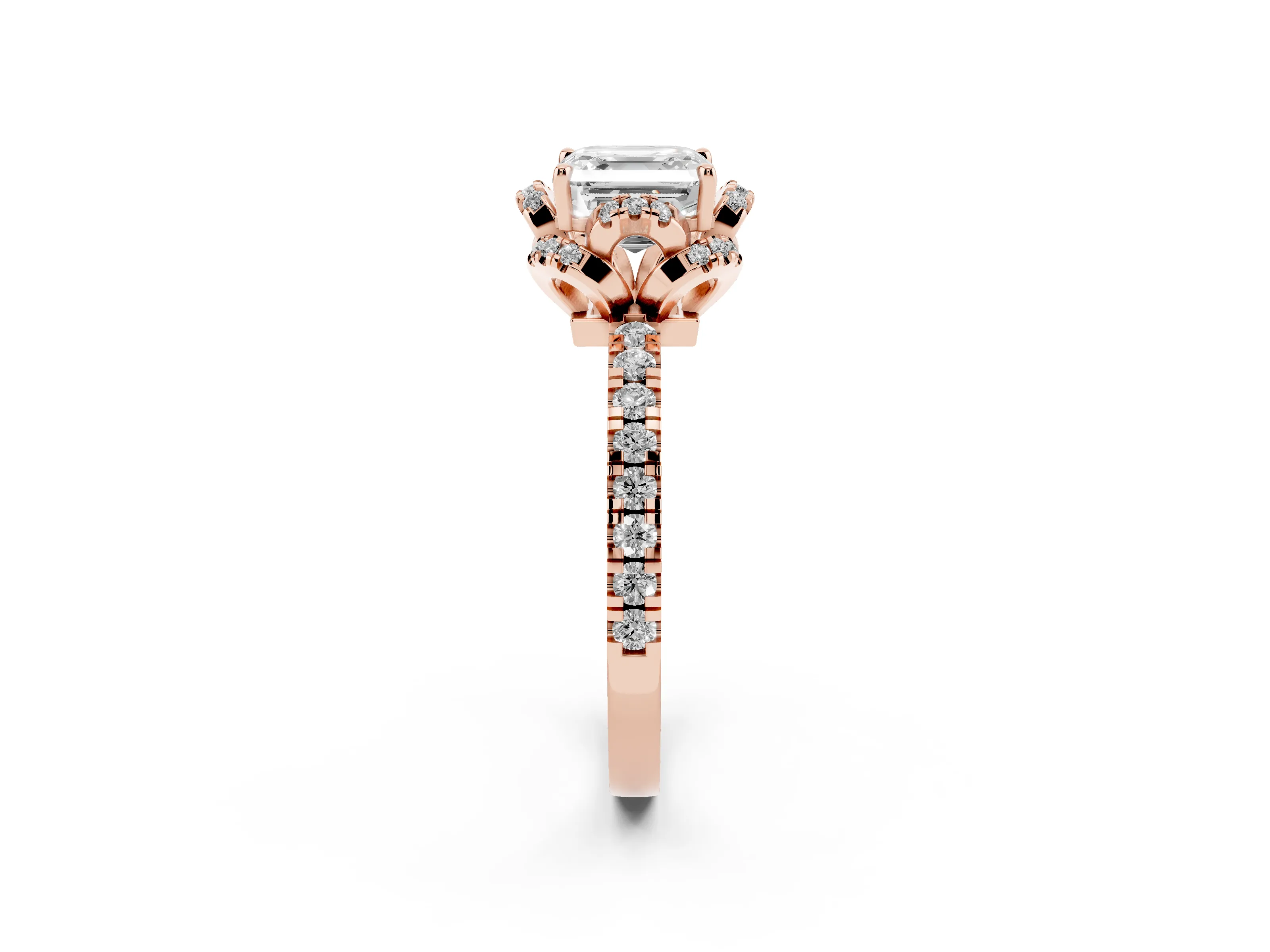 Asscher Cut Diamond Halo Pavé Ring Set in Rose gold with Prong-Held Center Stone