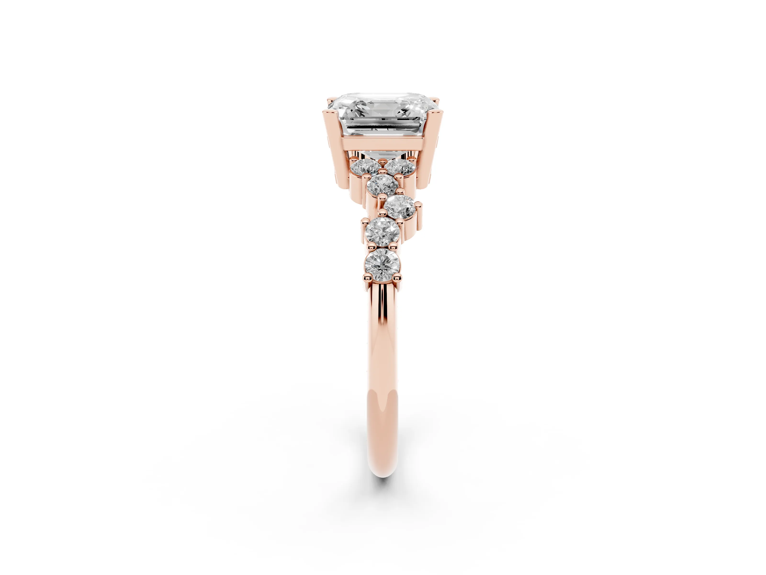Asscher Cut Diamond Ring Set in Rose gold with Scattered Round Accents
