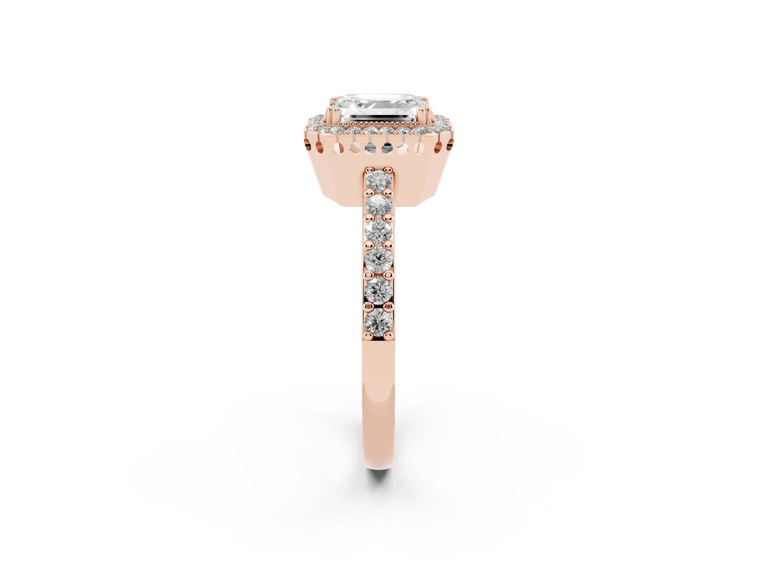 Asscher Cut Diamond Halo Engagement Ring Set in Rose gold with Milgrain Detail and Pavé Band