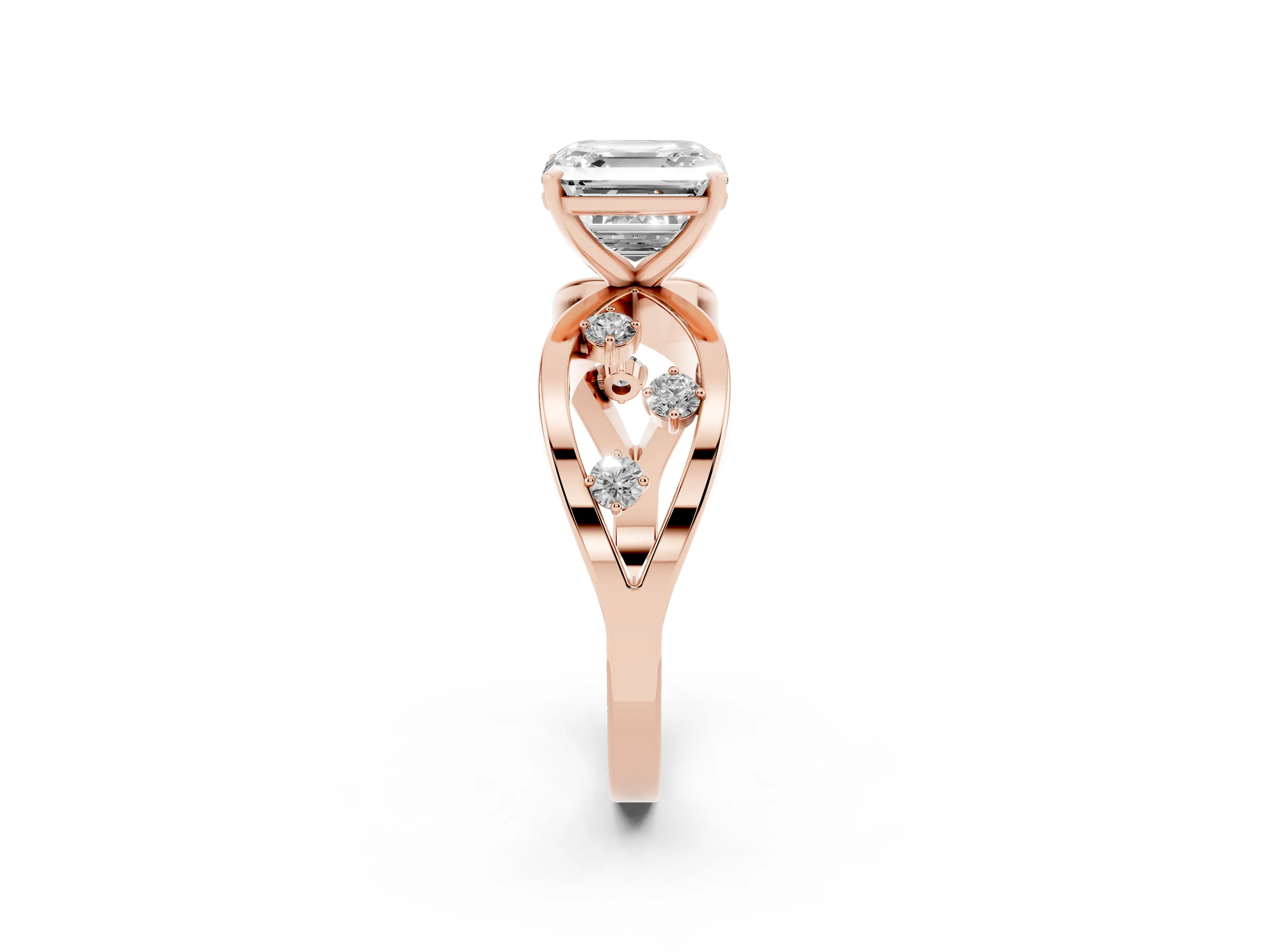 Asscher Cut Diamond Solitaire Ring Set in Rose gold with Side Stones on Criss-Cross Band and Prong Setting