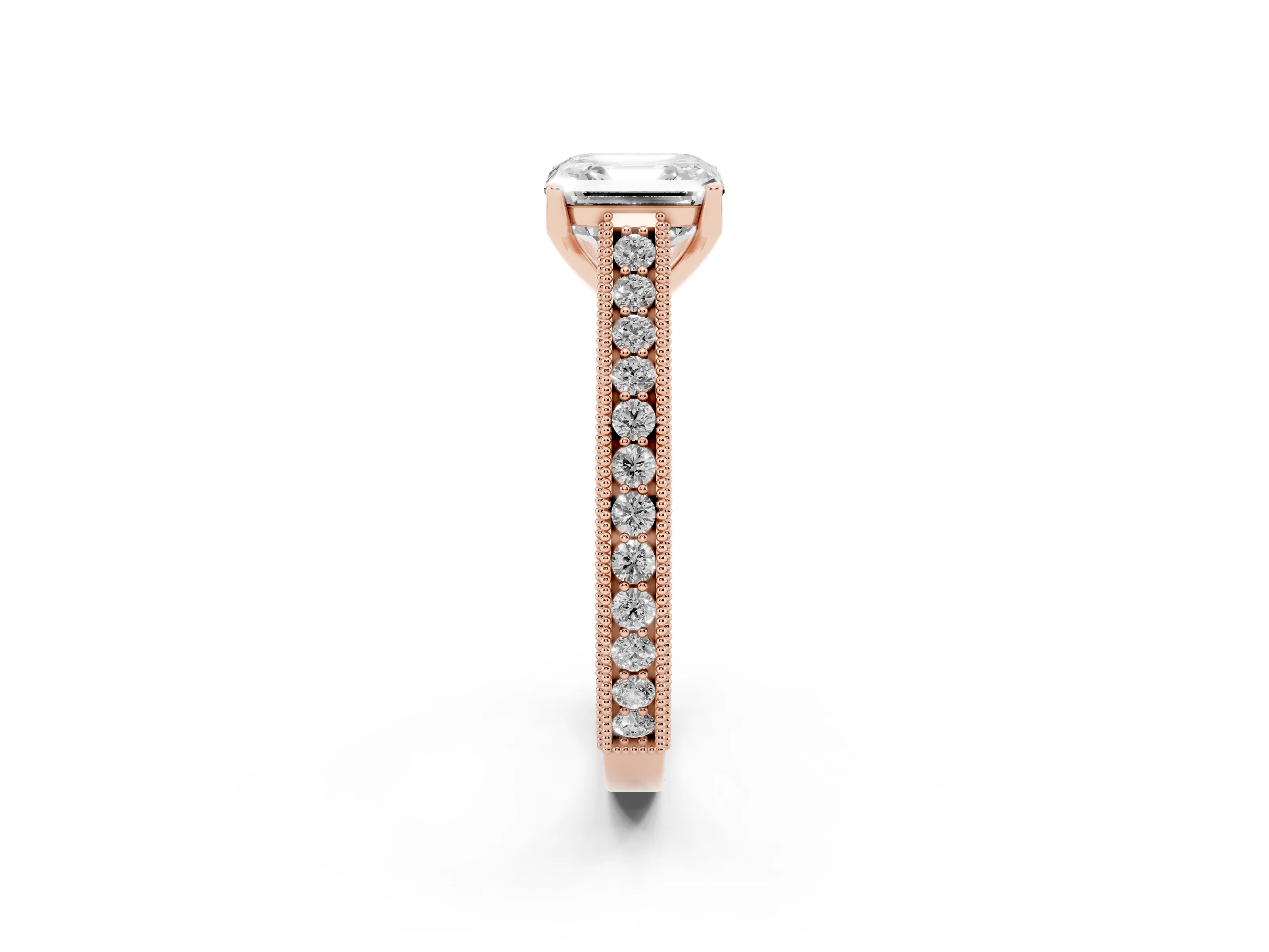 Asscher Cut Diamond Milgrain Pavé Band Solitaire Ring Set in Rose gold with Prong Setting