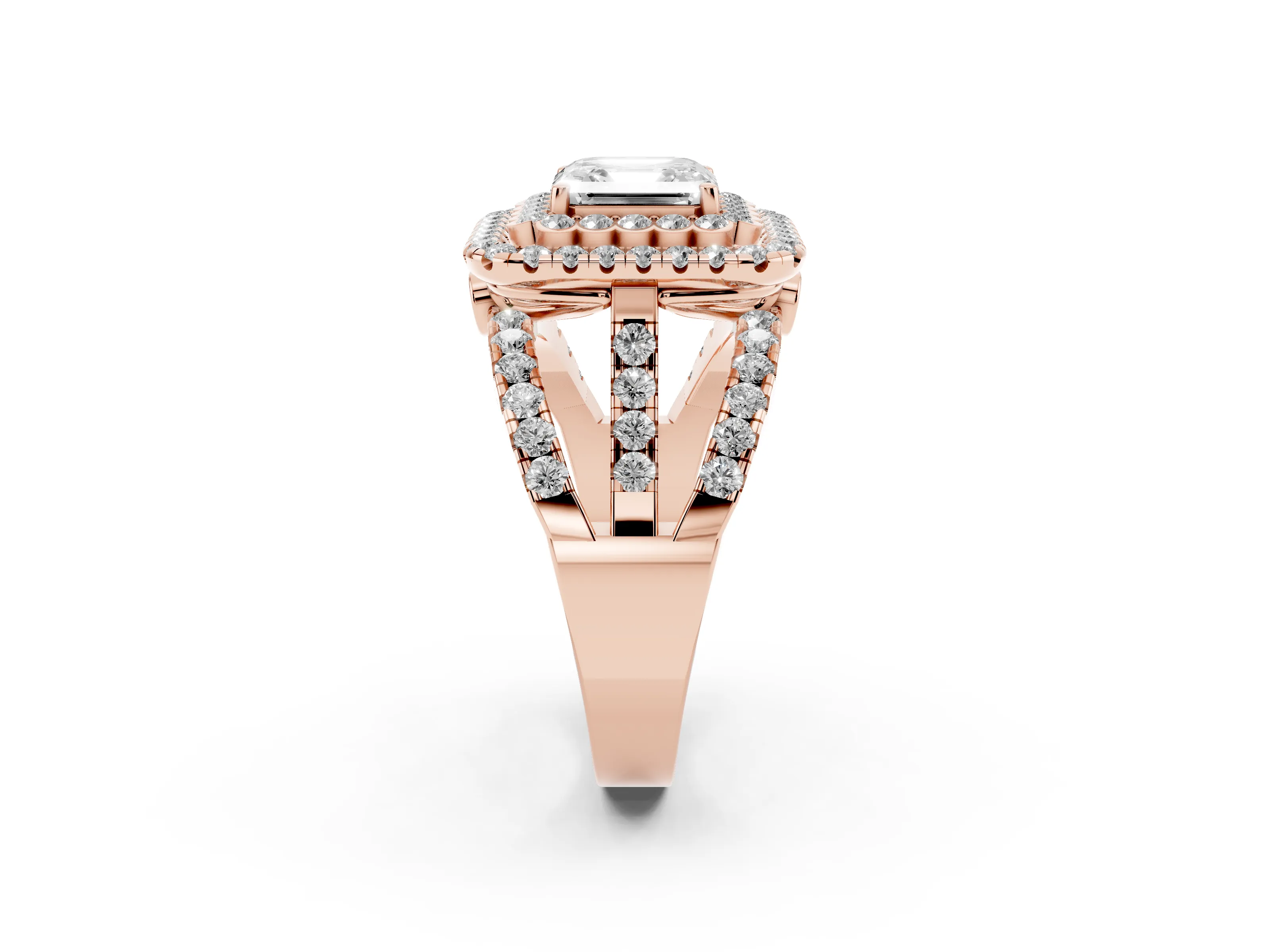 Asscher Cut Diamond Double Halo Ring Set in Rose gold with Round Pavé Split Shank