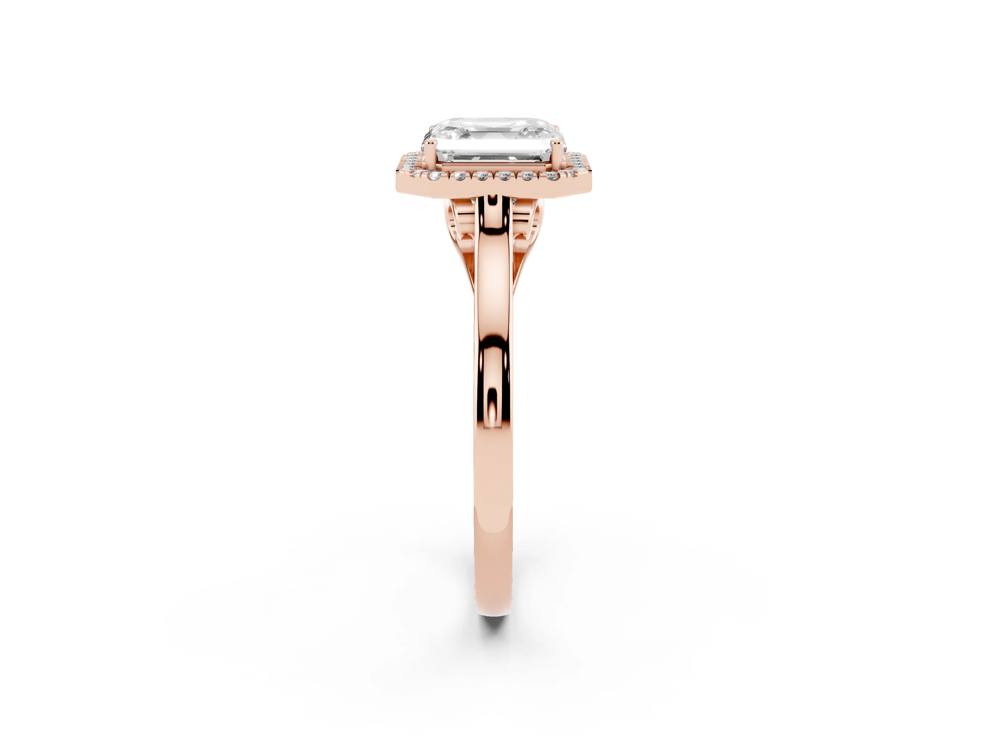 Asscher Cut Halo Round Diamond Solitaire Ring Set in Rose gold with Pavé Band and Prong Setting