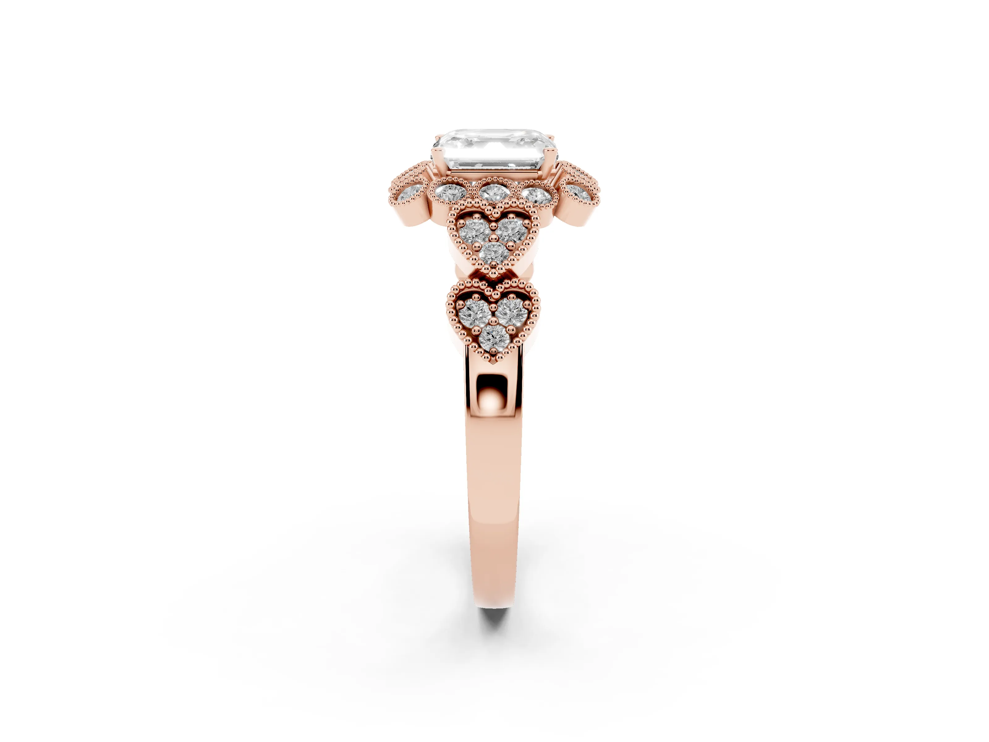 Asscher Cut Diamond Solitaire Ring Set in Rose gold with Milgrain Pavé Heart Band