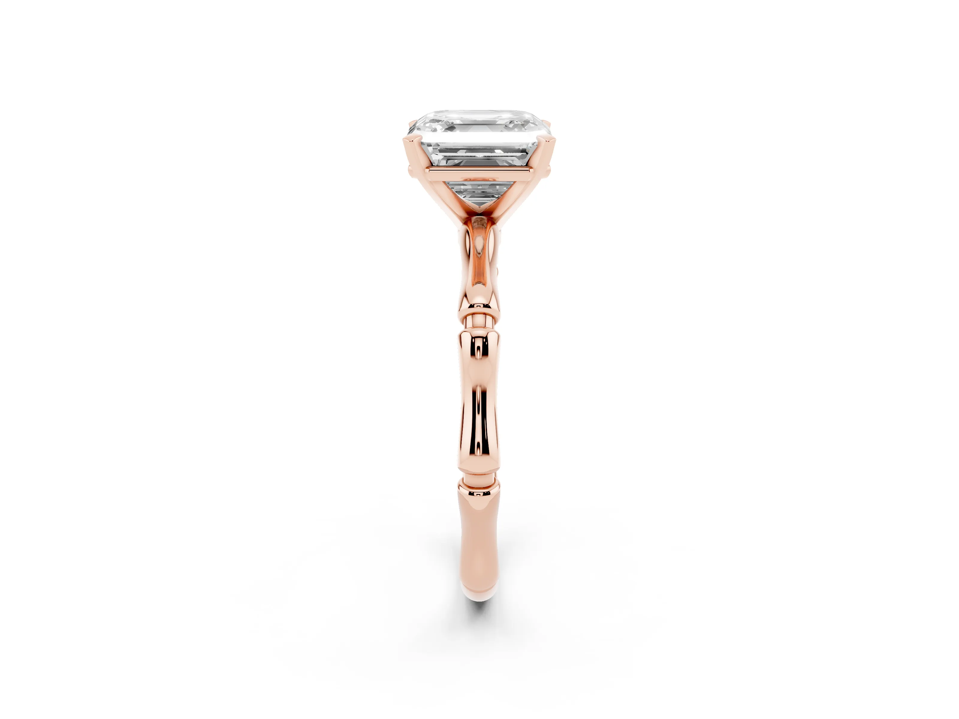 Asscher Cut Diamond Solitaire Ring Set in Rose gold with Bamboo Band and Prong Setting