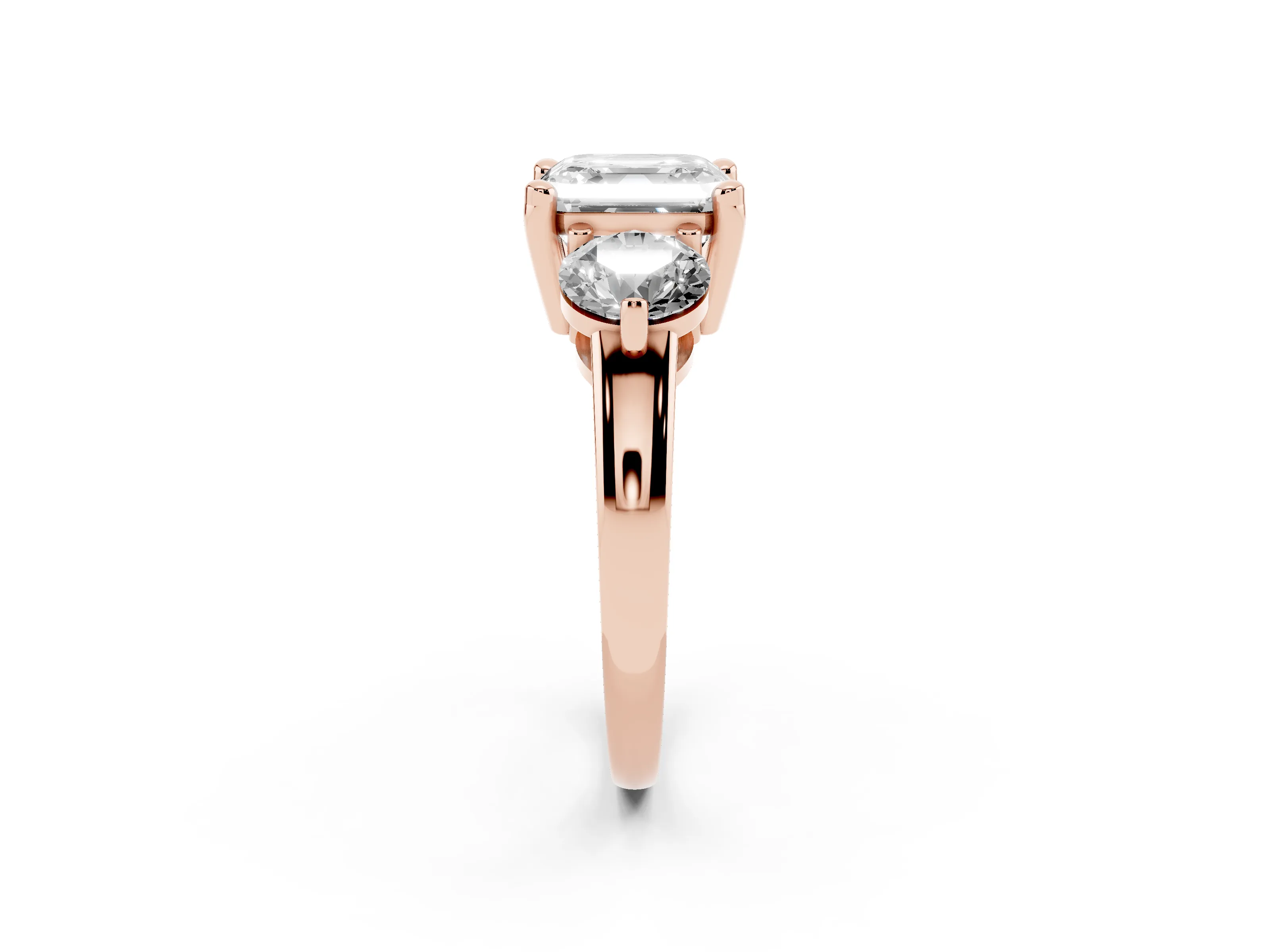 Asscher Cut Diamond Three-Stone Ring Set in Rose gold with Prong Setting and Classic Band
