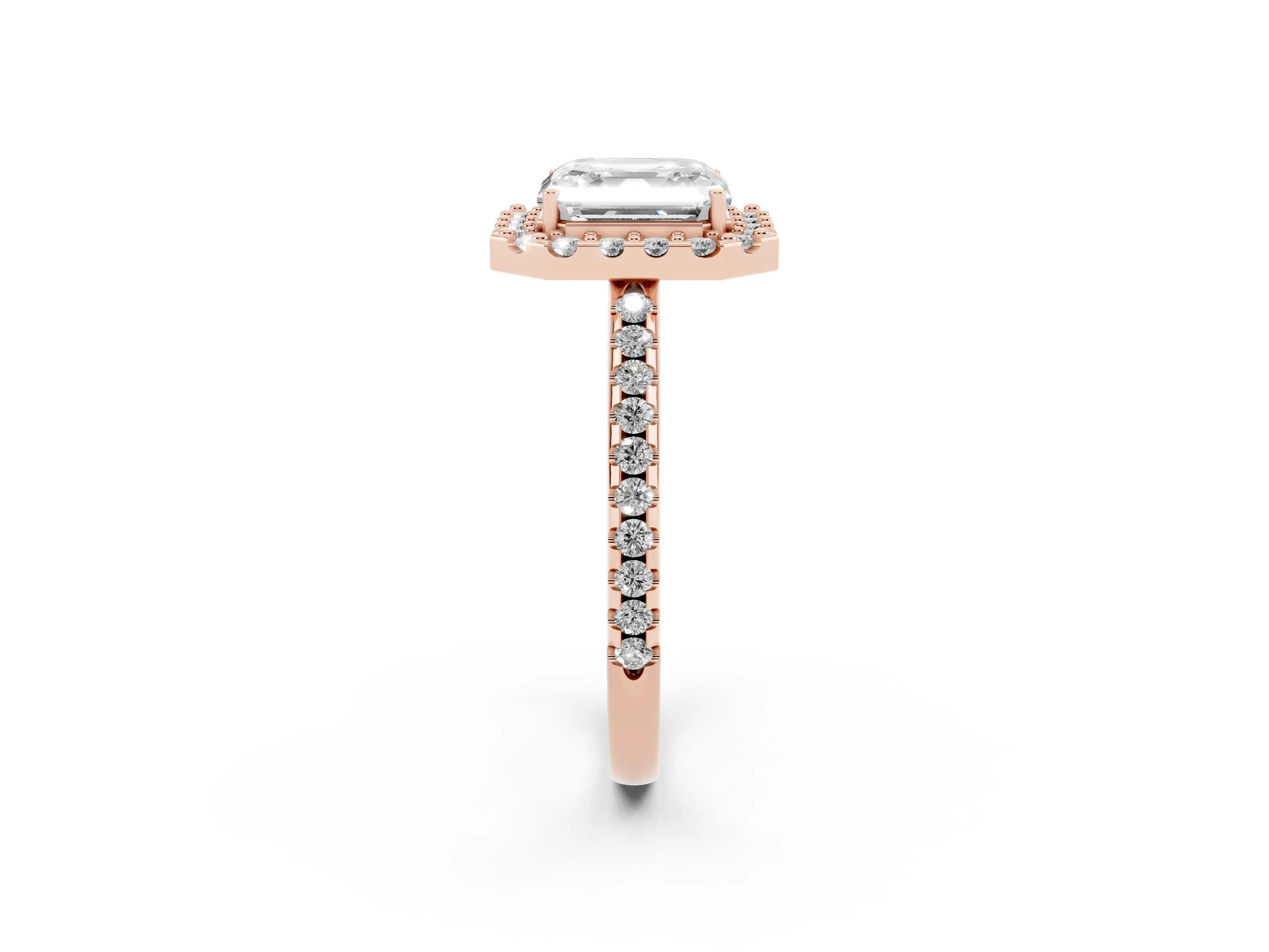 Asscher Cut Diamond Pavé Halo Ring Set in Rose gold with Prong Setting