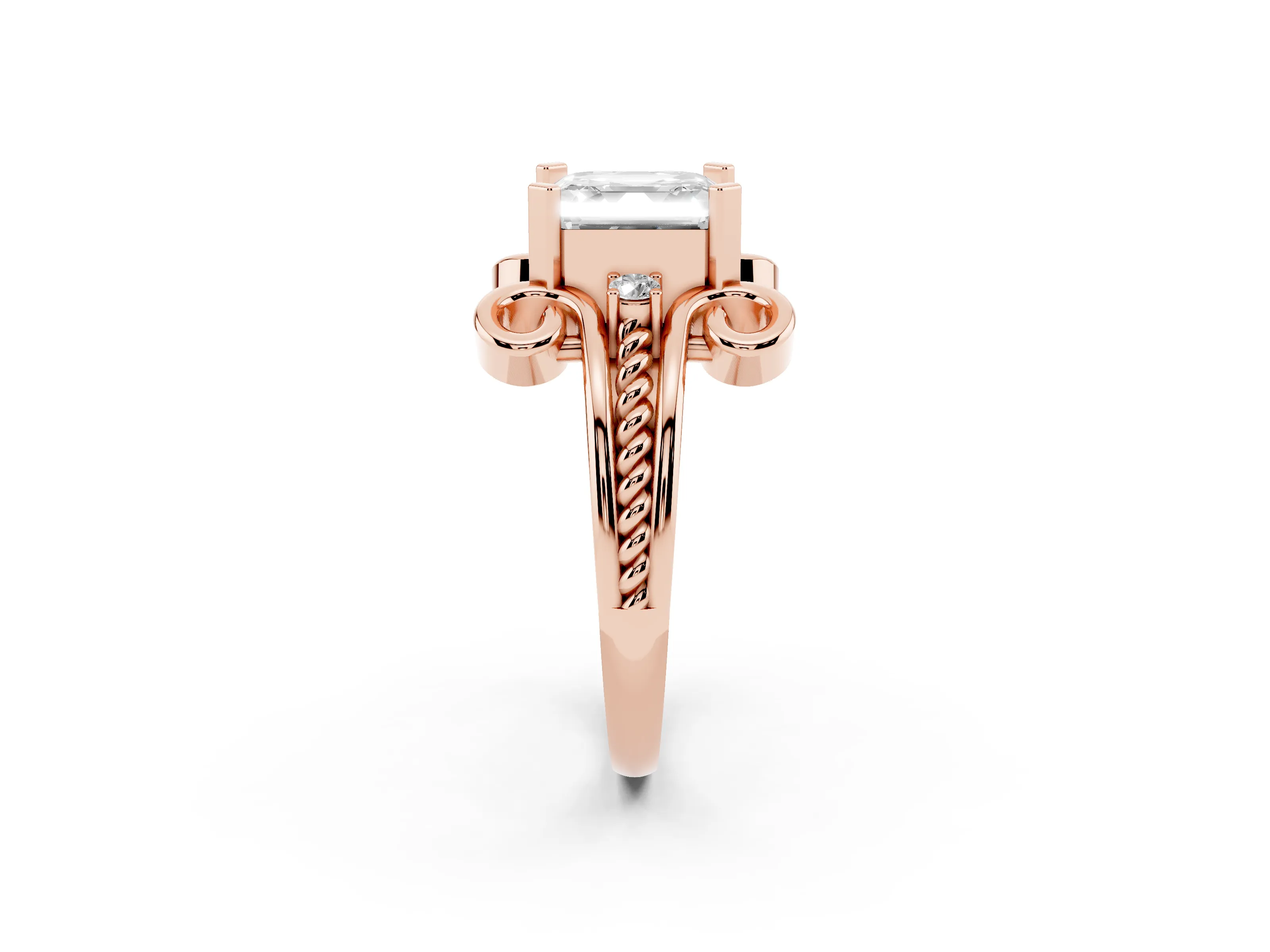 Asscher Cut Diamond Twisted Band Solitaire Ring Set in Rose gold with Scroll Prongs