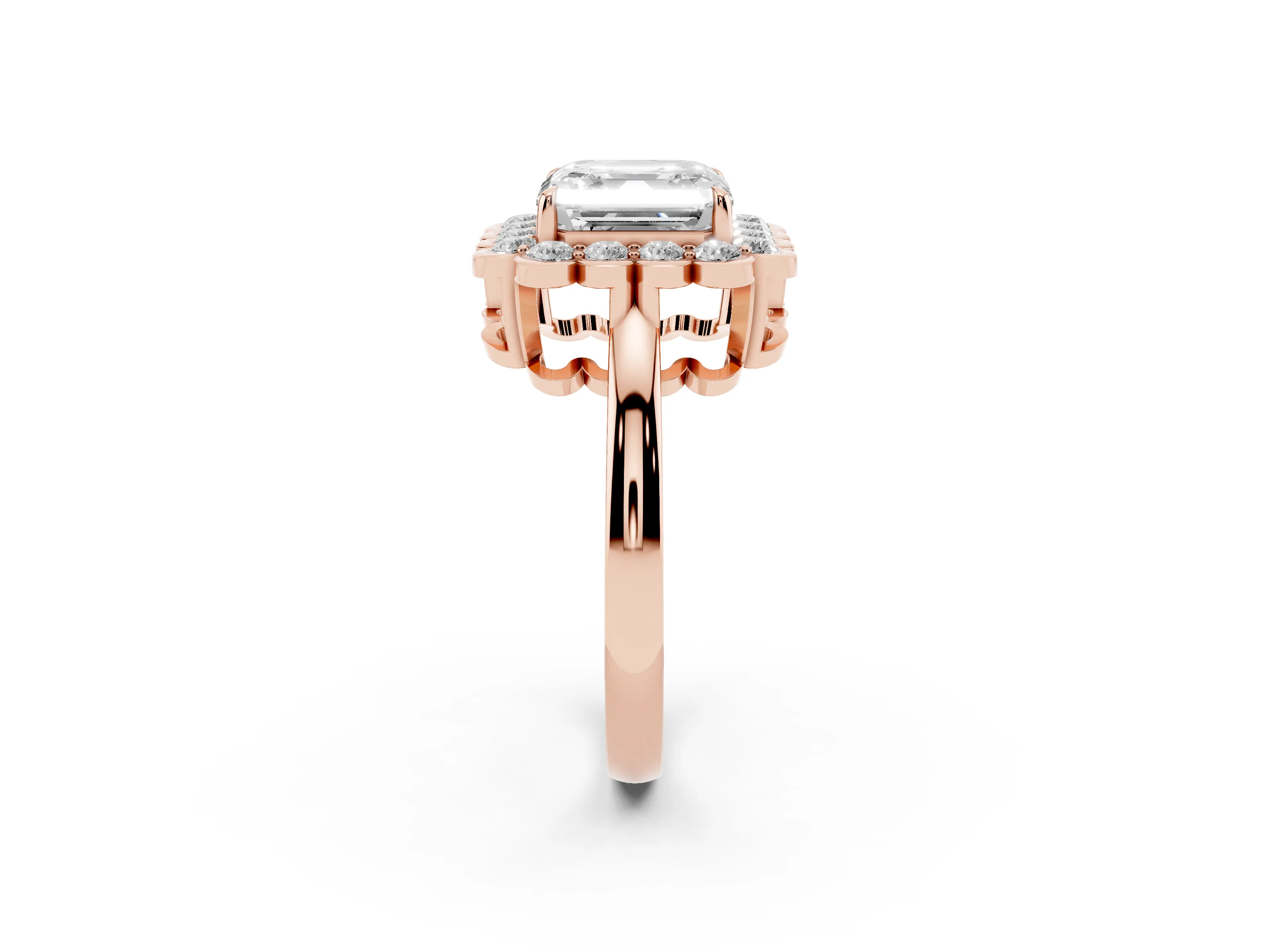 Asscher Cut Diamond Halo Cluster Engagement Ring Set in Rose gold with Solitaire Band and Prong Setting