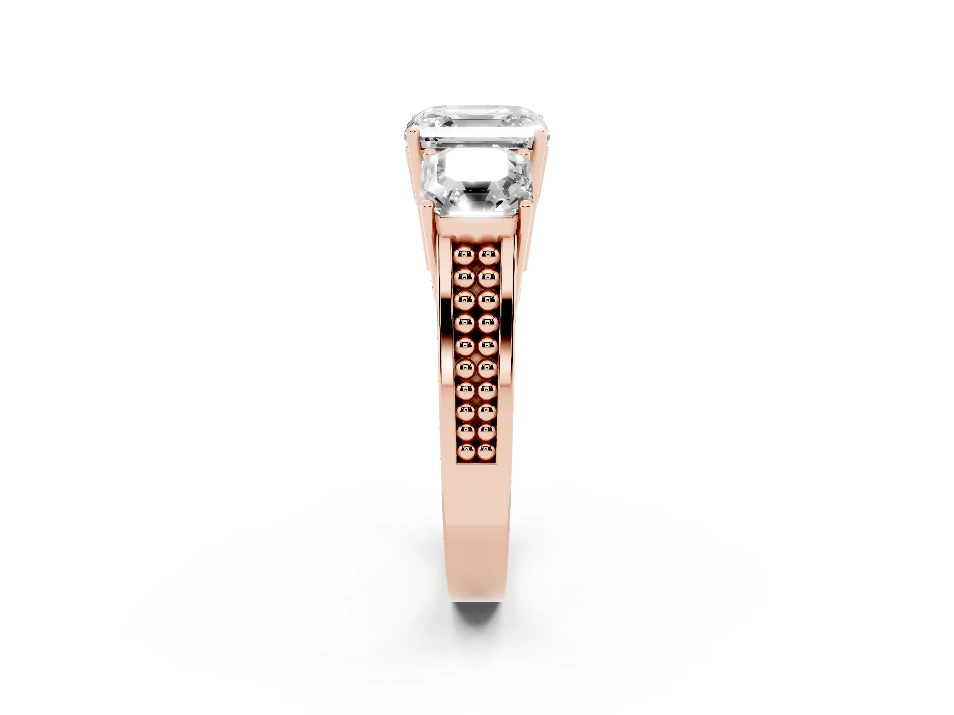 Asscher Cut Diamond Three-Stone Ring Set in Rose gold with Textured Band