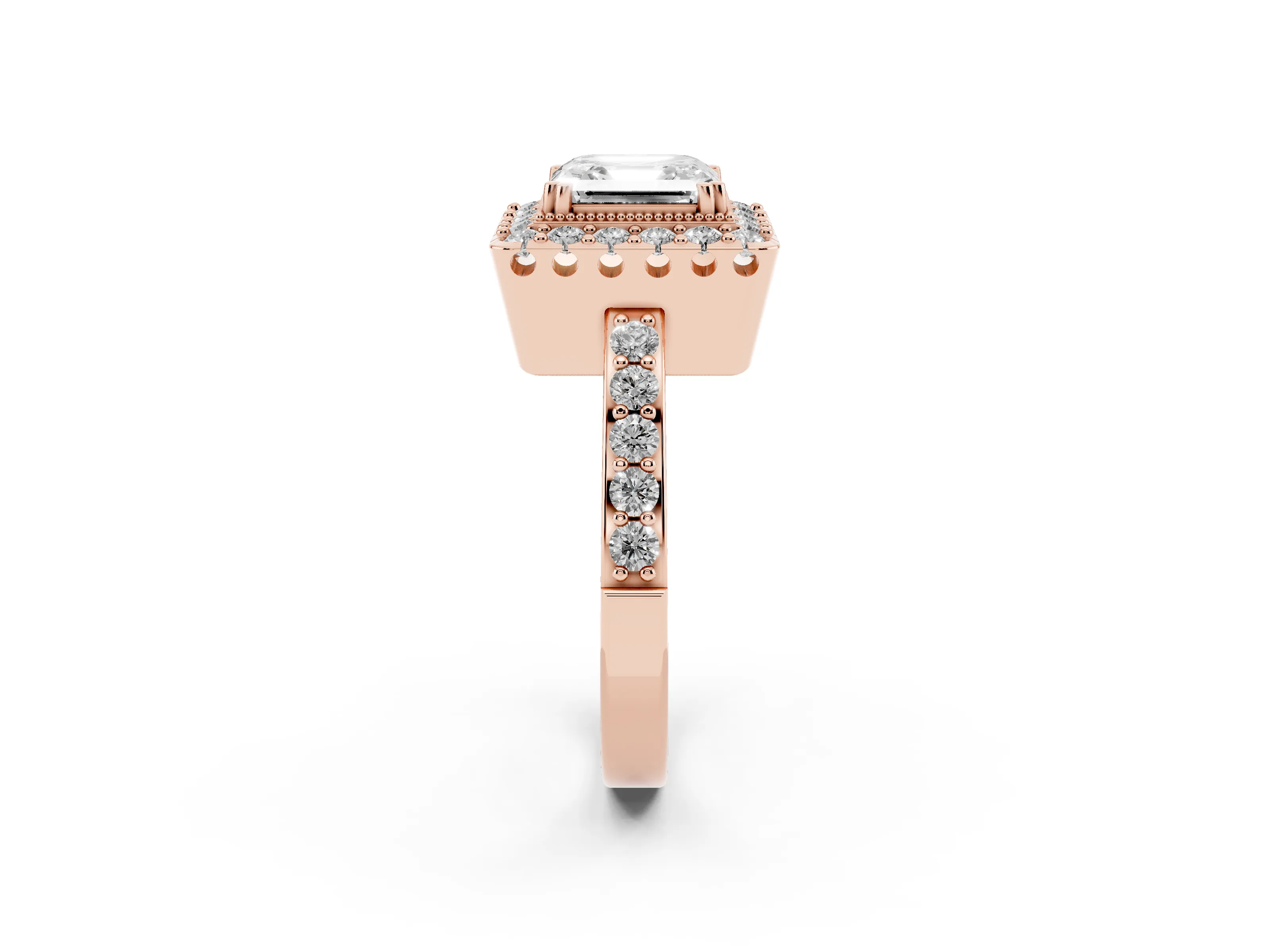 Asscher Cut Diamond Halo Ring Set in Rose gold with Pavé Shank and Prong Setting