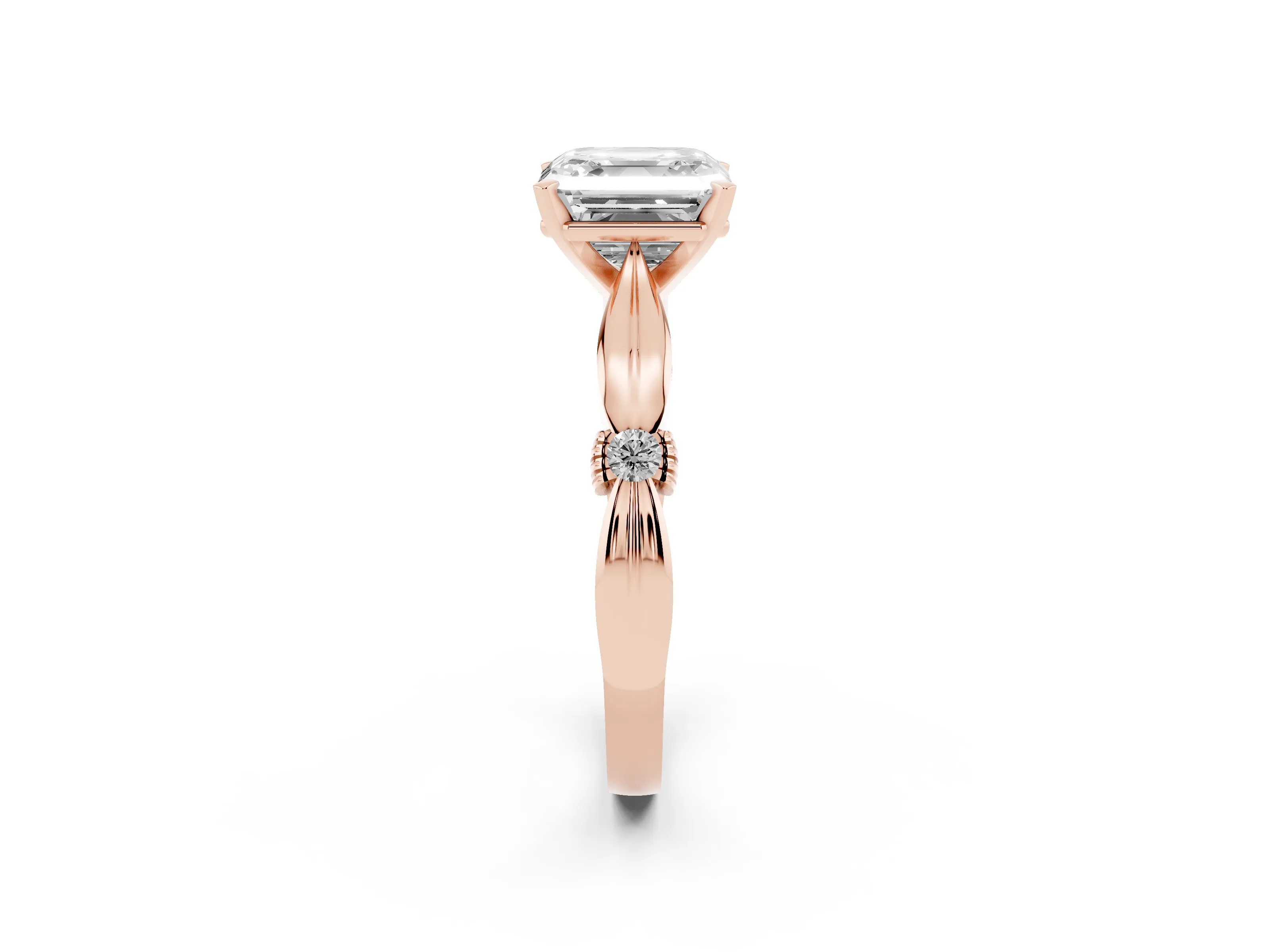 Asscher Cut Diamond Solitaire Twisted Band Ring Set in Rose gold with Accent Stones and Prong Setting