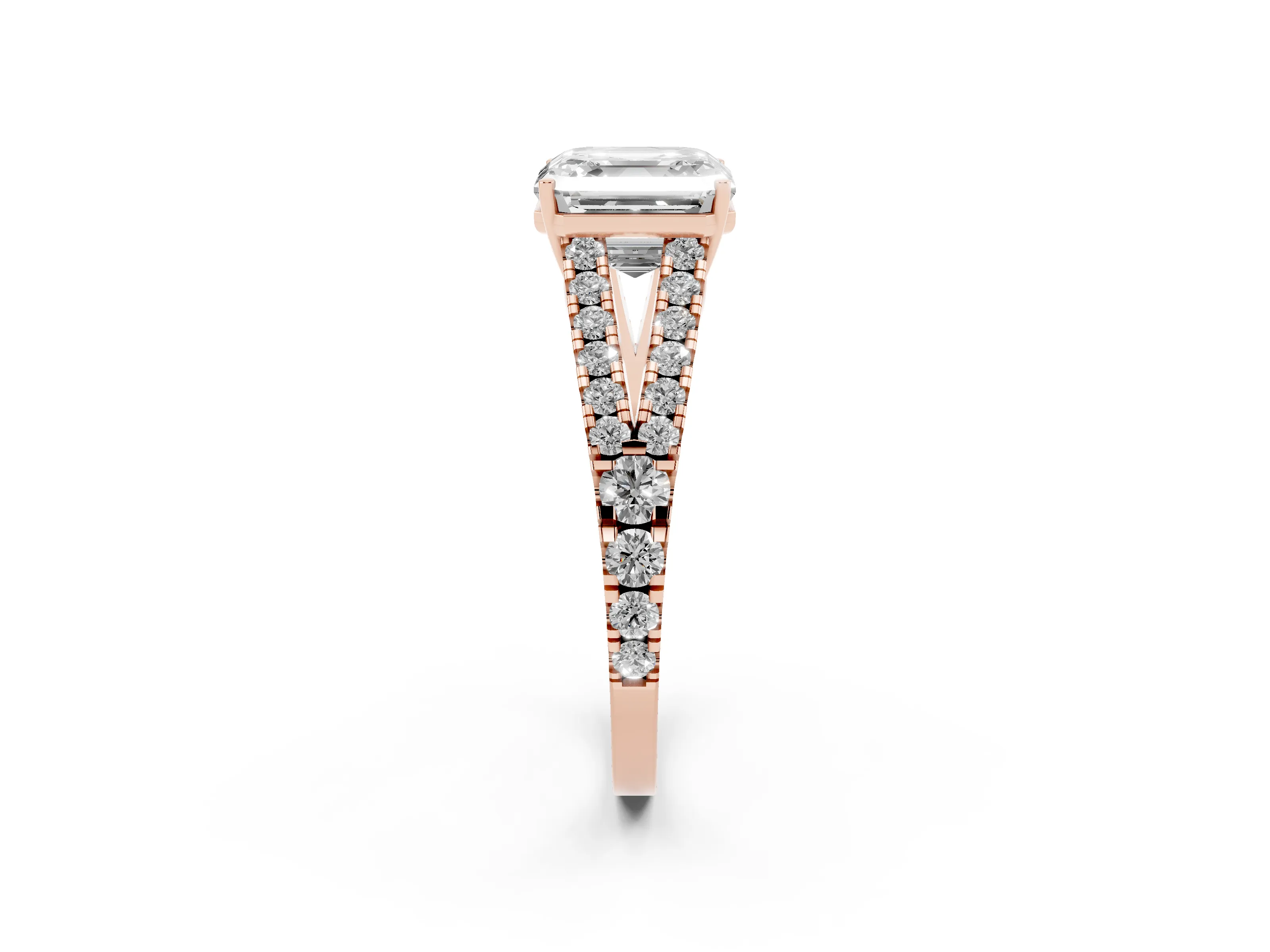 Asscher Cut Diamond Split Shank Engagement Ring Set in Rose gold with Round Pavé and Prong Setting