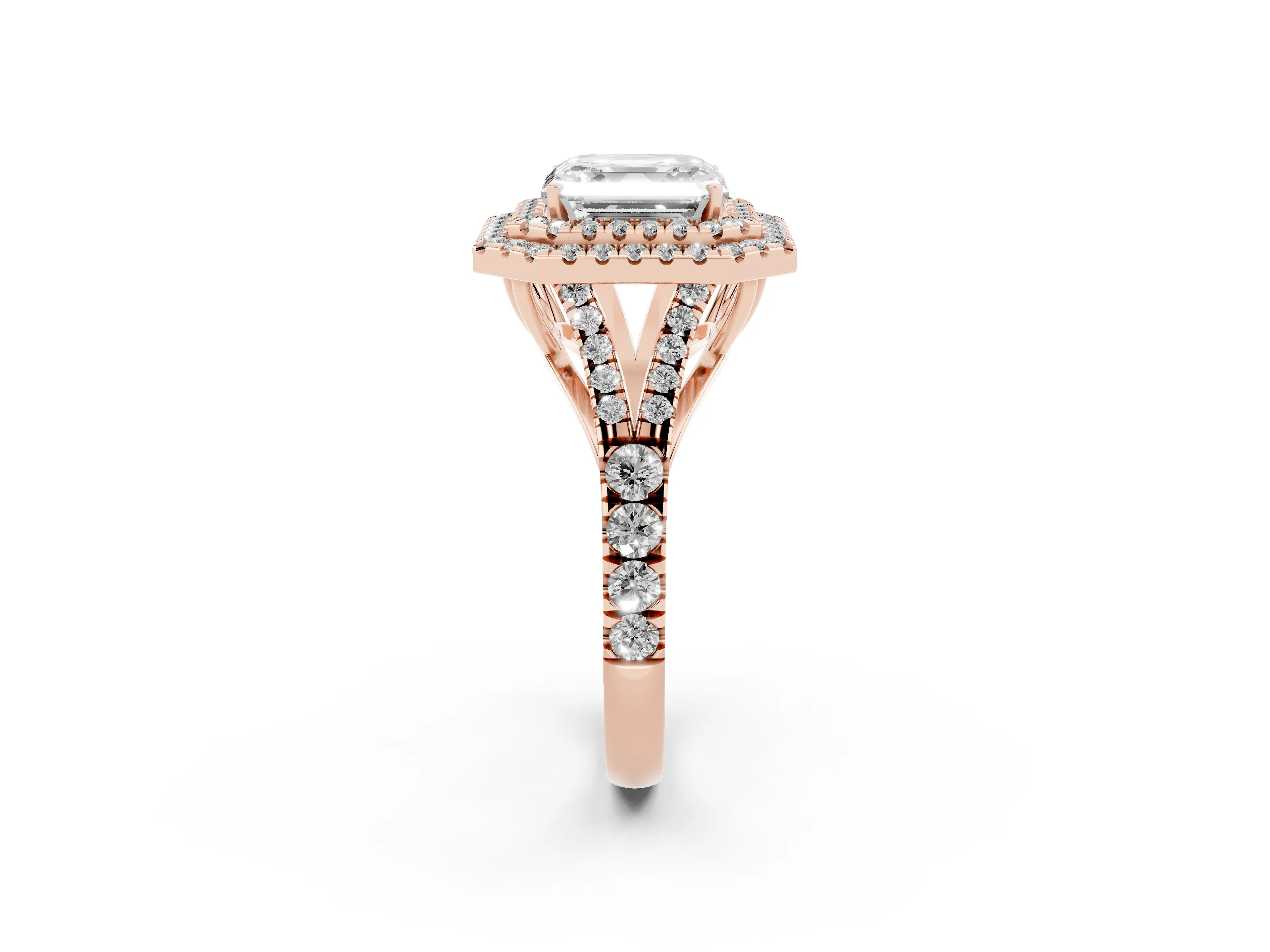 Asscher Cut Diamond Pavé Split Shank Double Halo Engagement Ring Set in Rose gold