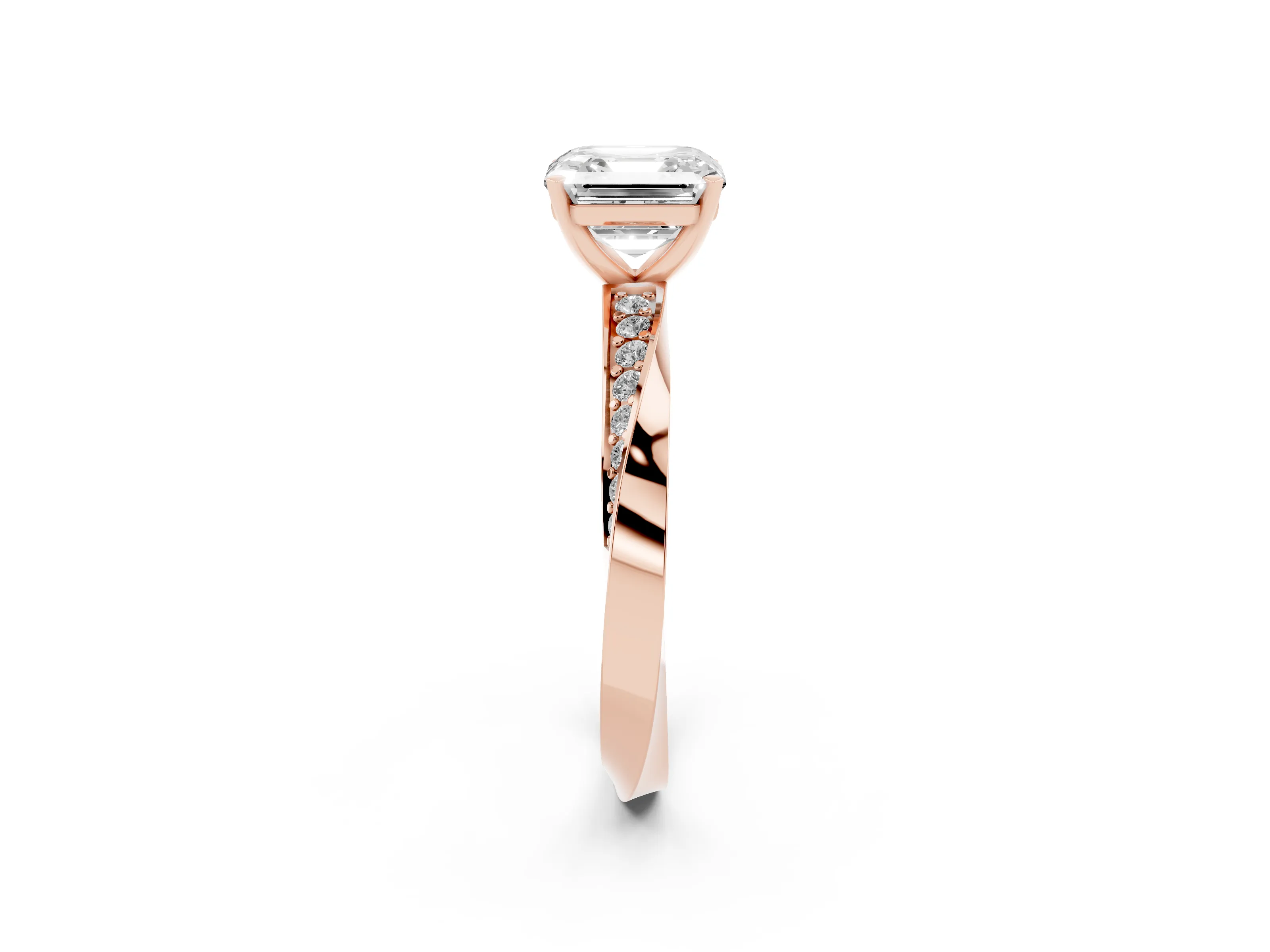 Asscher Cut Diamond Engagement Ring Set in Rose gold with Side Stone Accents and Prong Setting