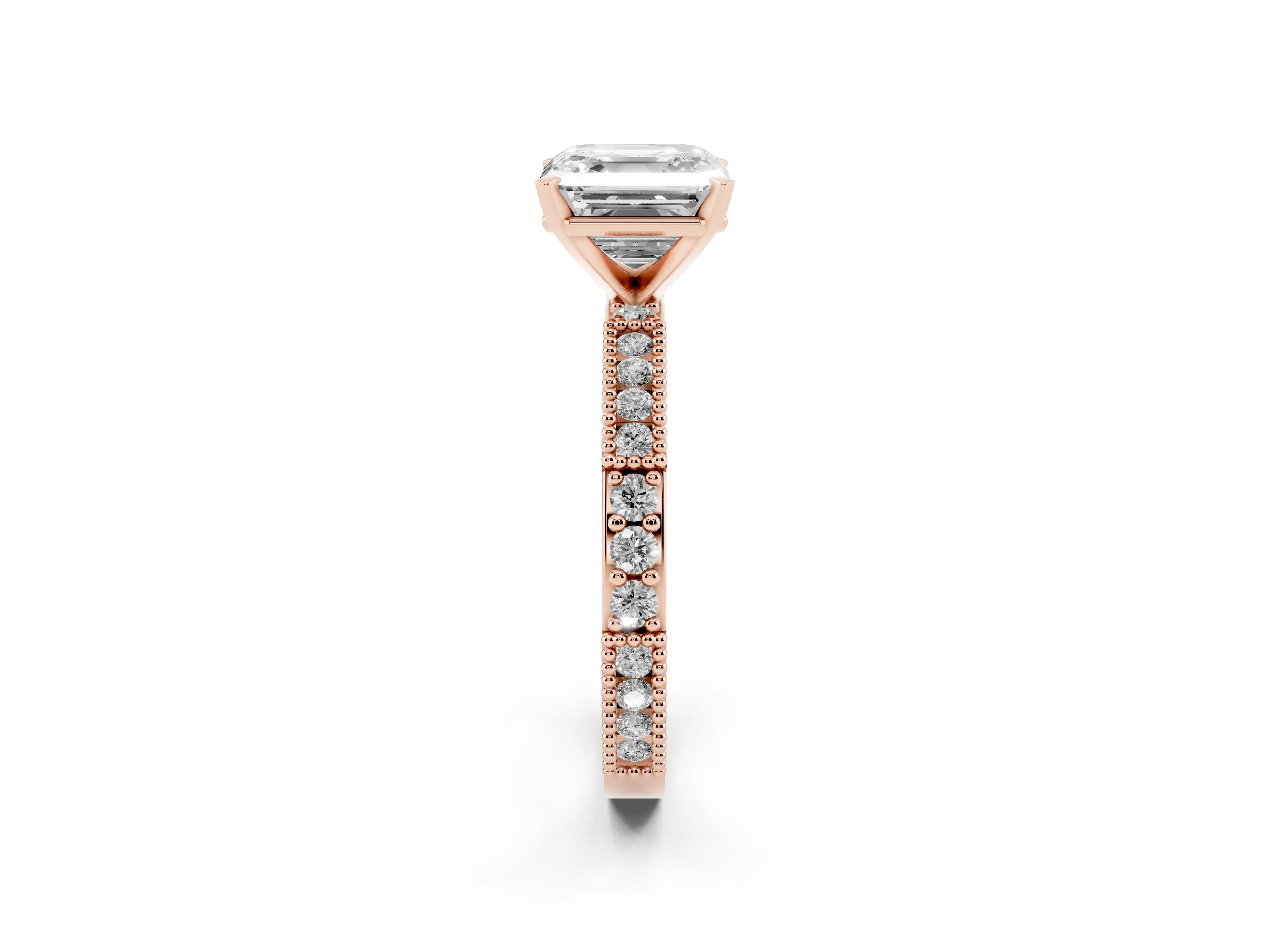Asscher Cut Diamond Solitaire Ring Set in Rose gold with Slim Pavé Band and Prong Setting
