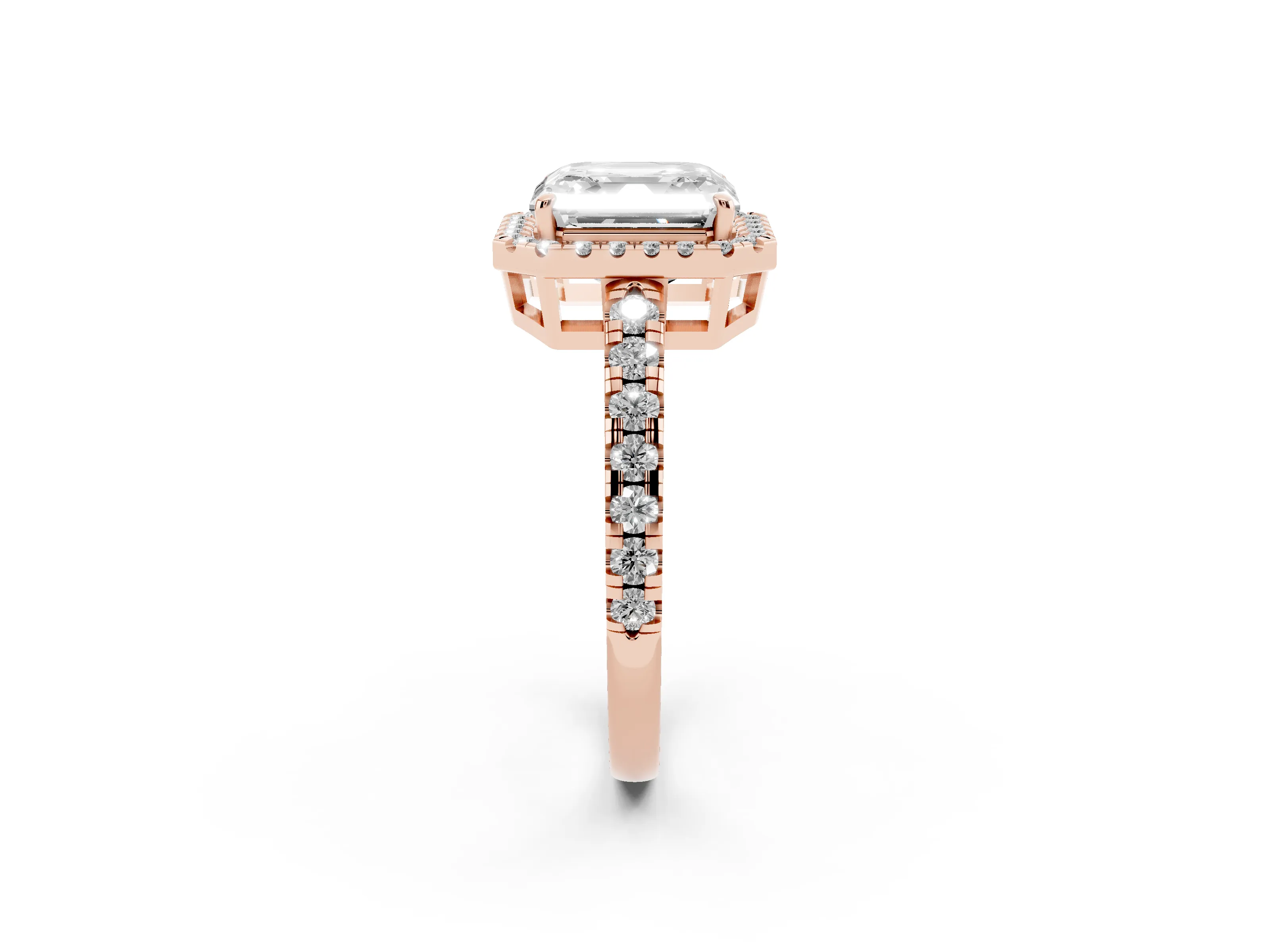 Asscher Cut Diamond Halo Ring Set in Rose gold with Delicate Pavé Band and Prong Setting