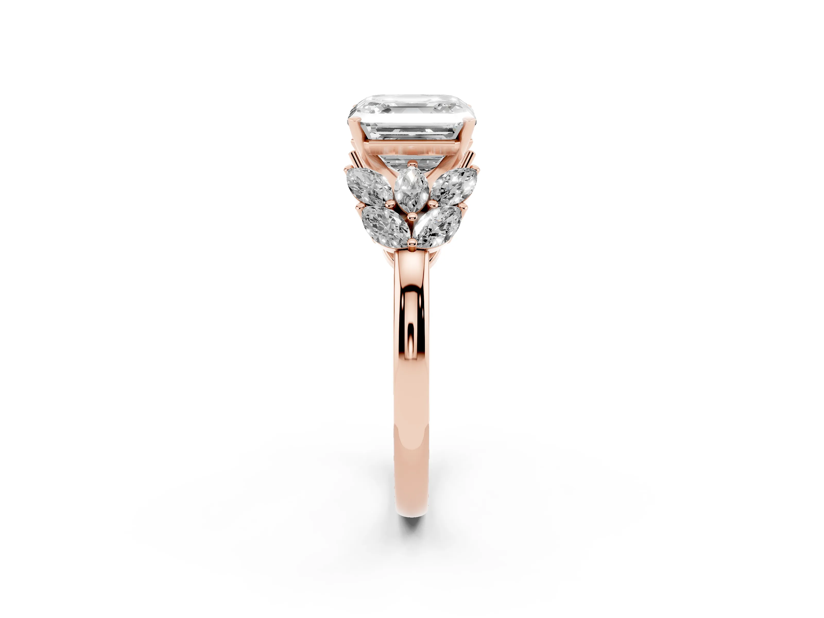Asscher Cut Diamond Cluster Leaf Design Ring Set in Rose gold with Prong Setting
