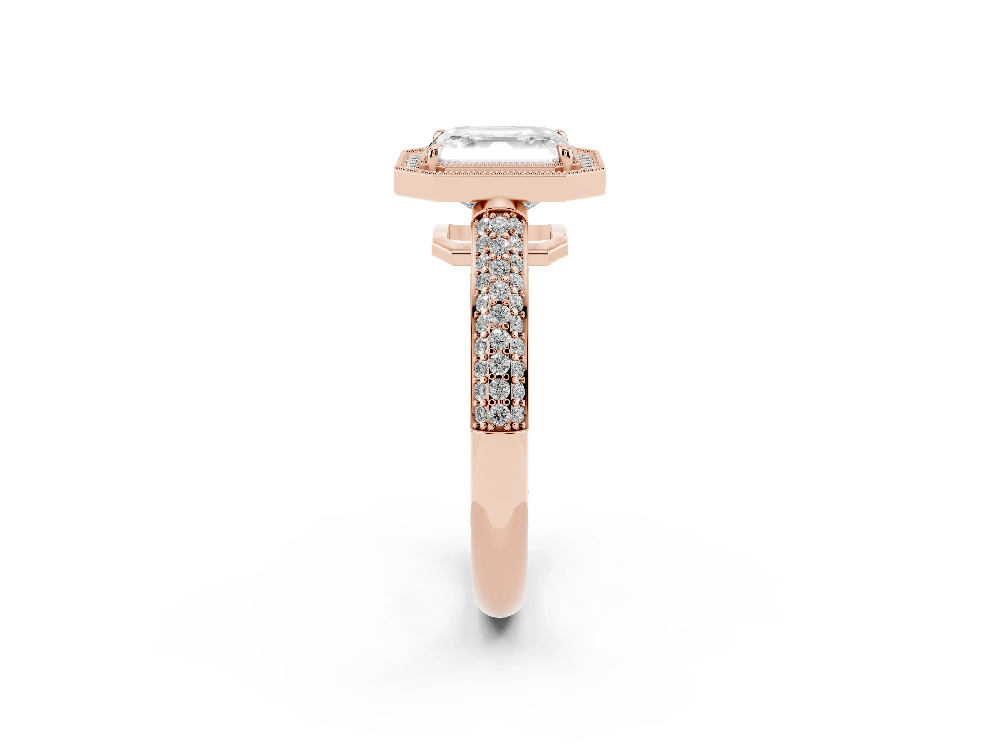 Asscher Cut Diamond Halo Pavé Band Set in Rose gold with Prong Setting